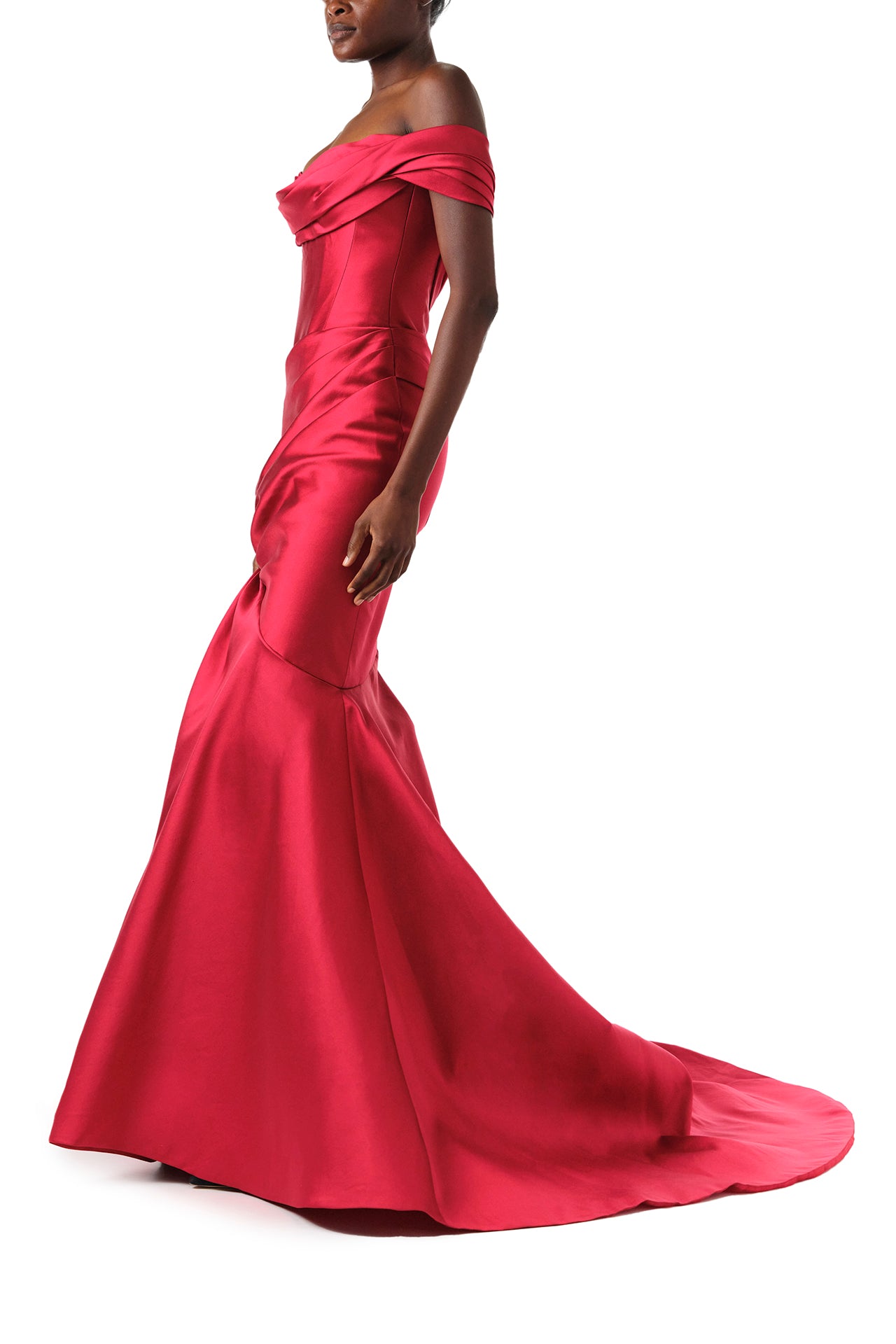 Monique Lhuillier Fall 2024 scarlet mikado, off-the-shoulder, draped gown with trumpet skirt and low back - side.