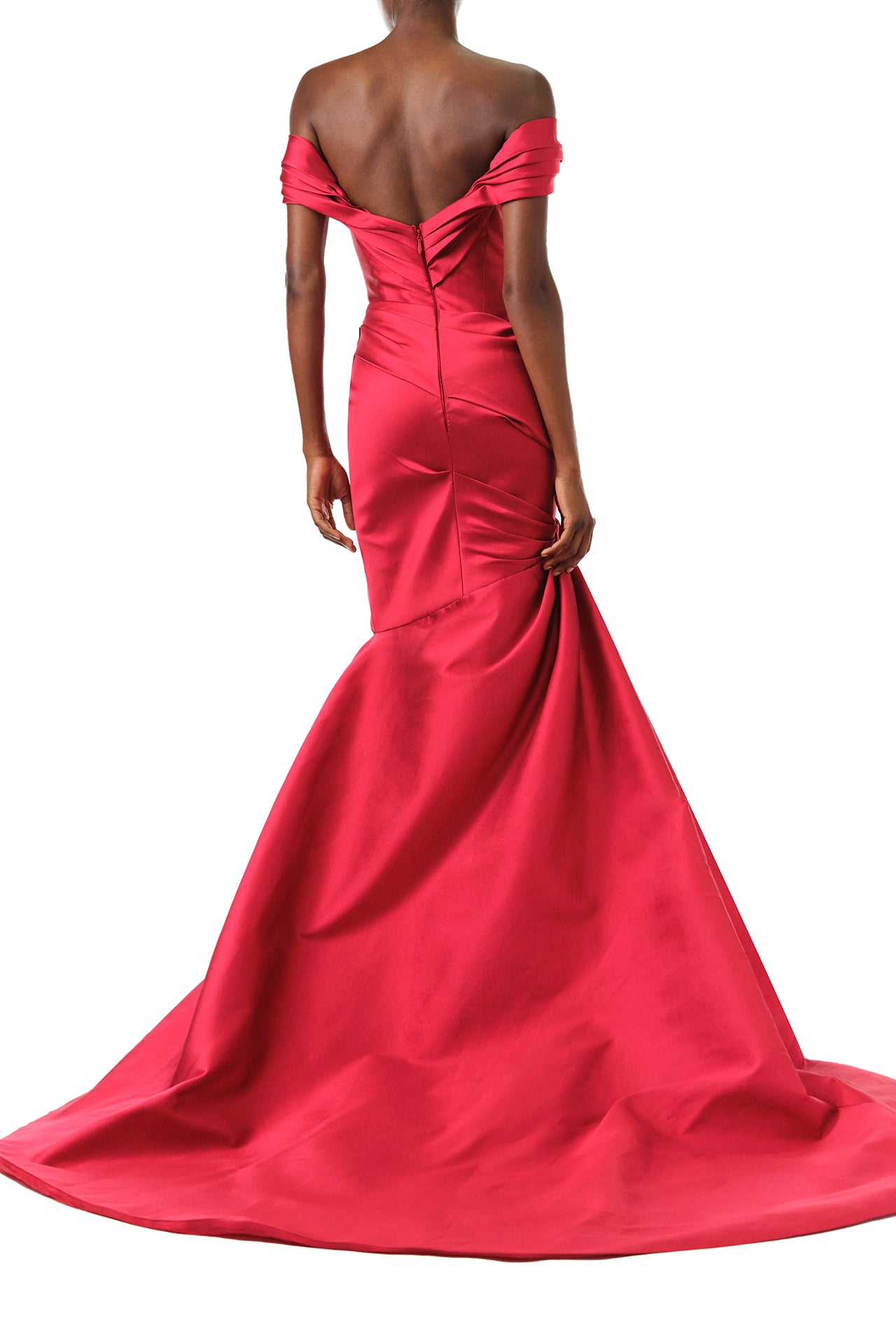 Monique Lhuillier Fall 2024 scarlet mikado, off-the-shoulder, draped gown with trumpet skirt and low back - back.