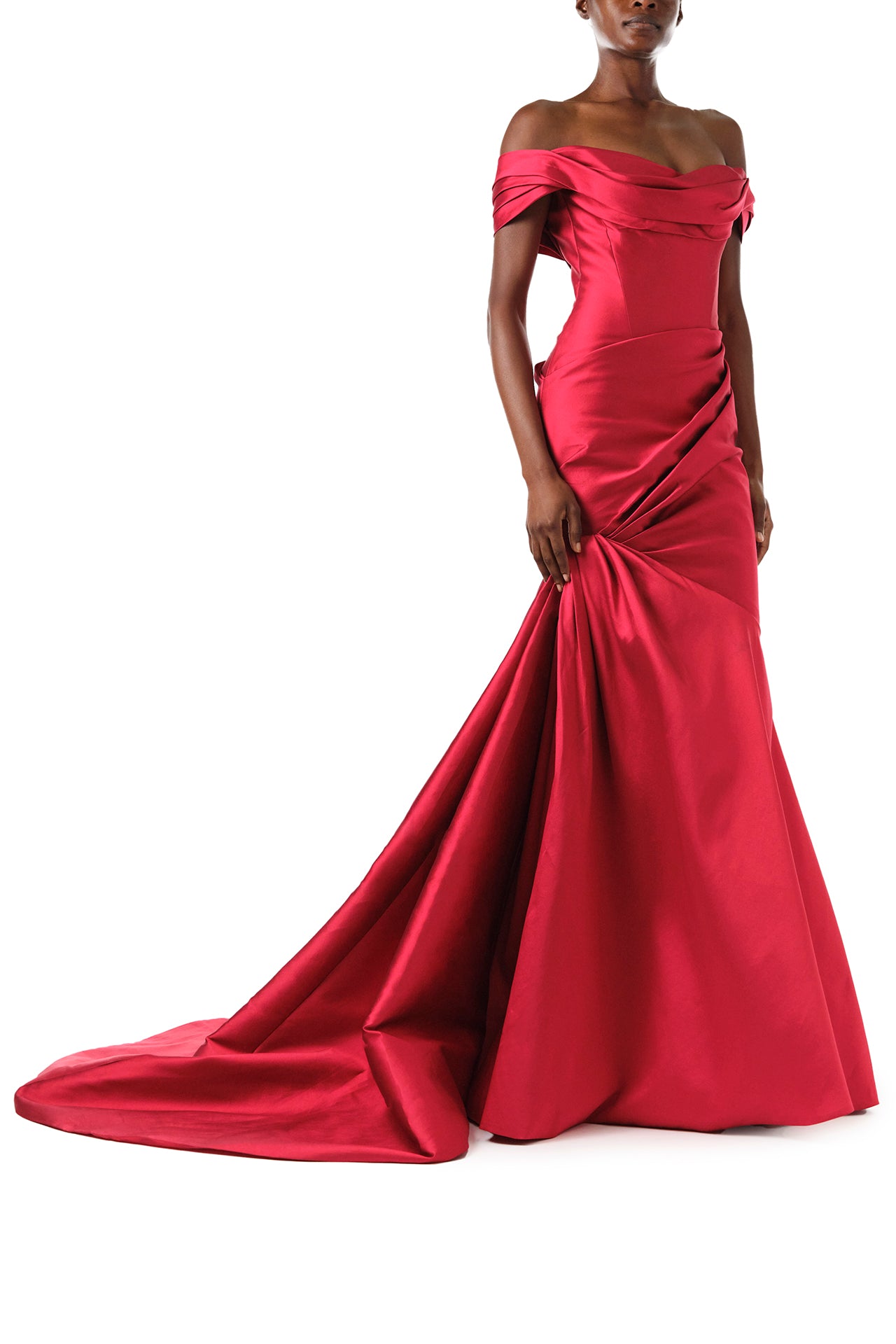 Monique Lhuillier Fall 2024 scarlet mikado, off-the-shoulder, draped gown with trumpet skirt and low back - front.