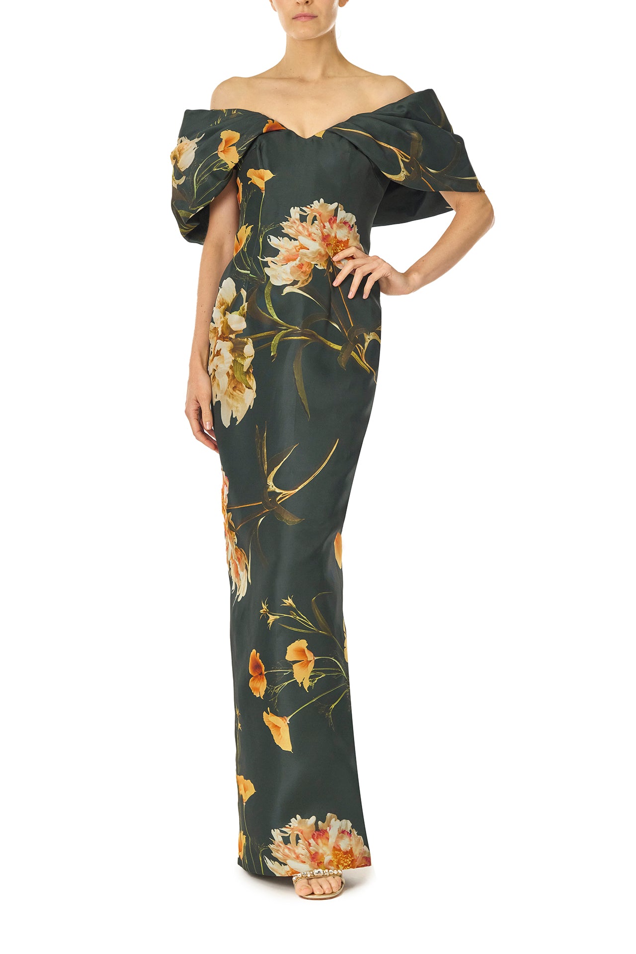 Monique Lhuillier Fall 2024 draped, off the shoulder column gown in Juniper Floral printed gazar - front.