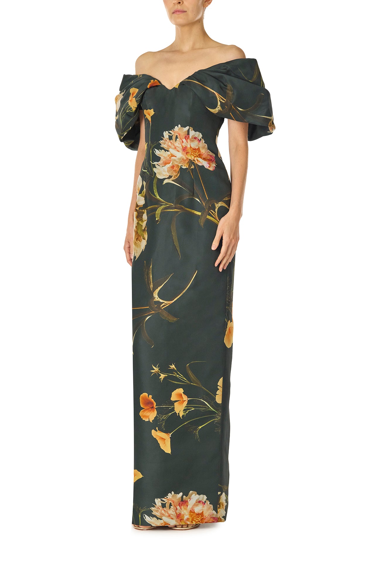 Monique Lhuillier Fall 2024 draped, off the shoulder column gown in Juniper Floral printed gazar - left side.