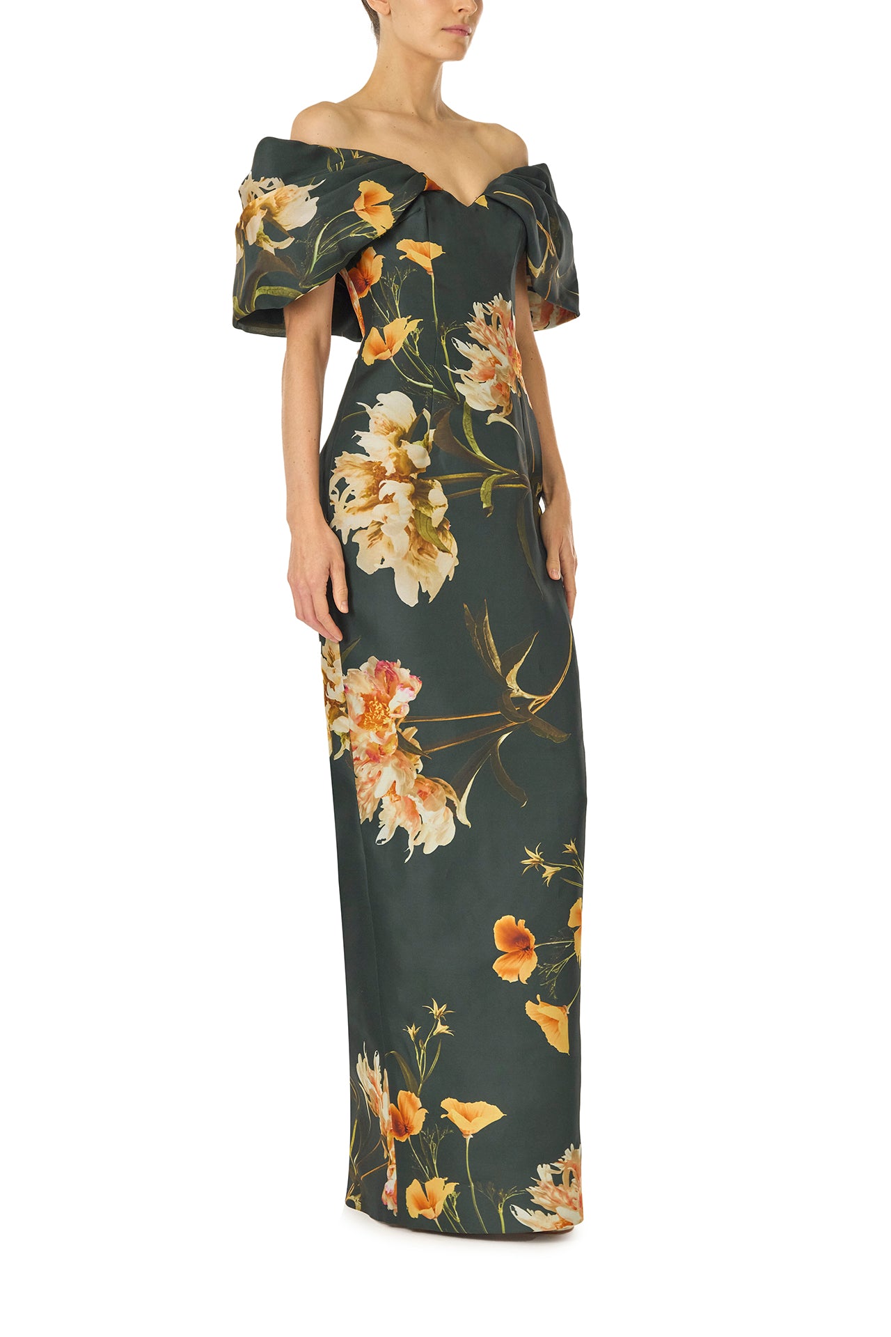 Monique Lhuillier Fall 2024 draped, off the shoulder column gown in Juniper Floral printed gazar - right side.