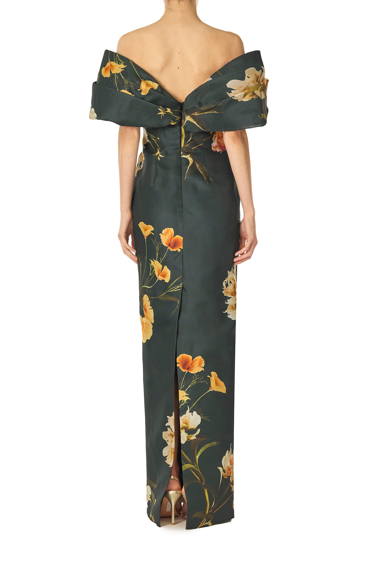 Monique Lhuillier Fall 2024 draped, off the shoulder column gown in Juniper Floral printed gazar - back.