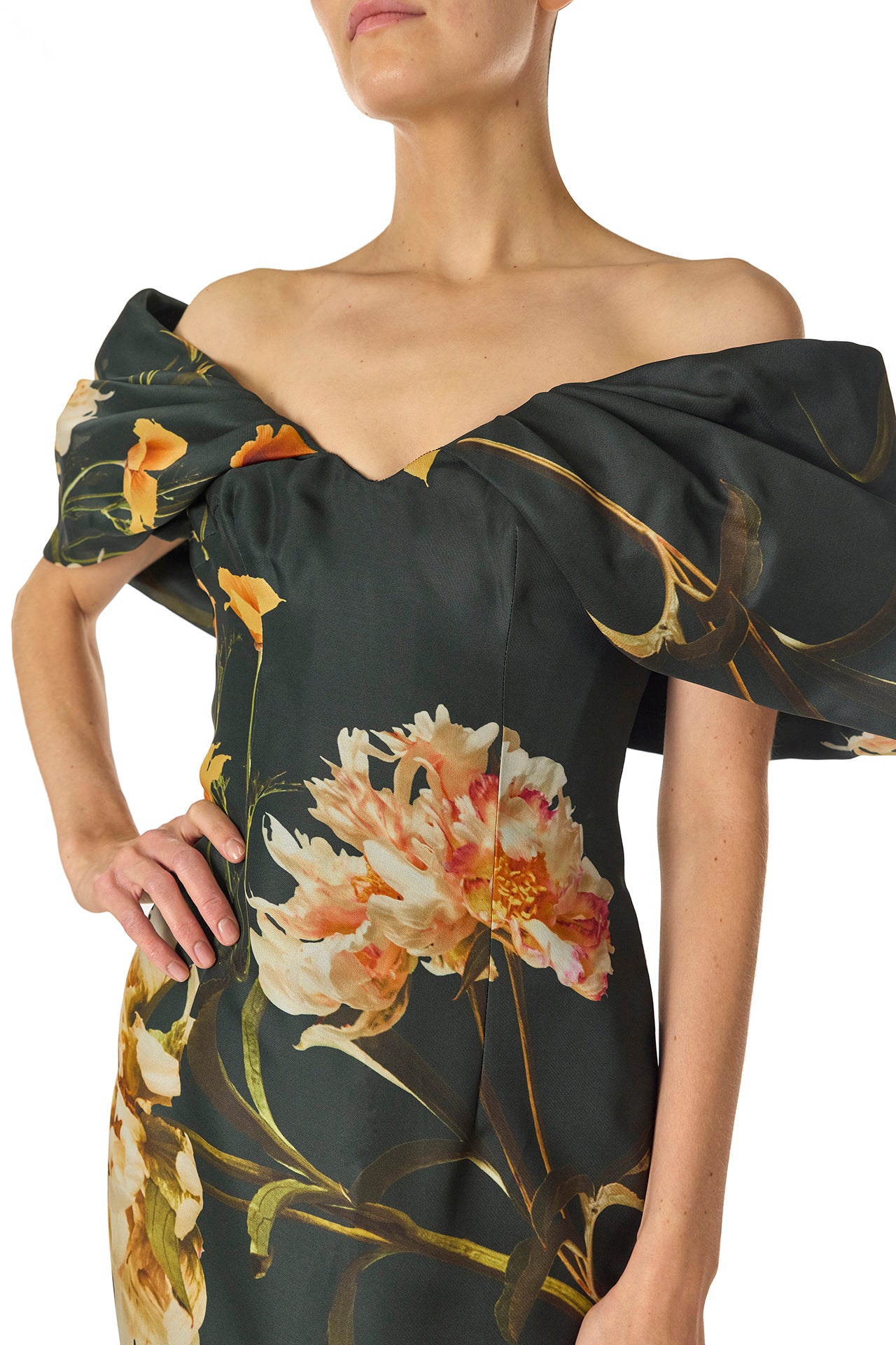 Monique Lhuillier Fall 2024 draped, off the shoulder column gown in Juniper Floral printed gazar - neckline.