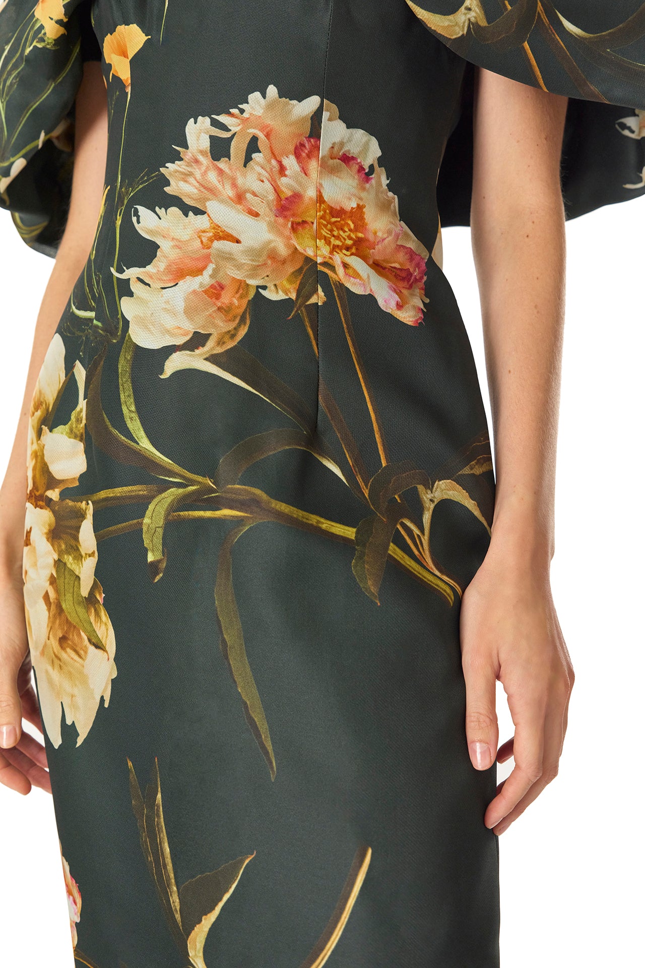 Monique Lhuillier Fall 2024 draped, off the shoulder column gown in Juniper Floral printed gazar - fabric.