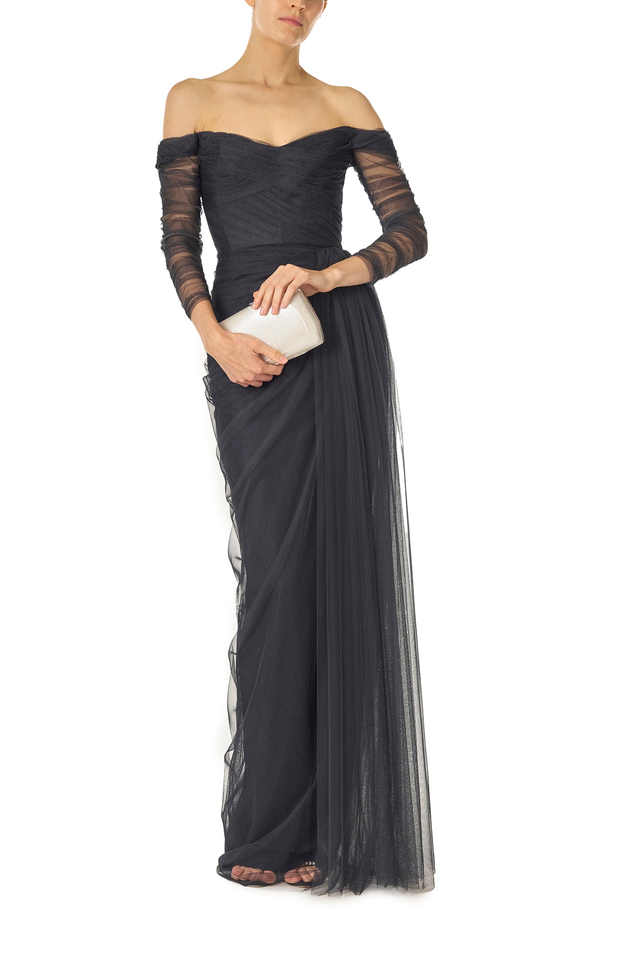 Monique Lhuillier Fall 2024 navy off the shoulder draped tulle gown with sleeves and corset boned bodice - front with Dasha bag.