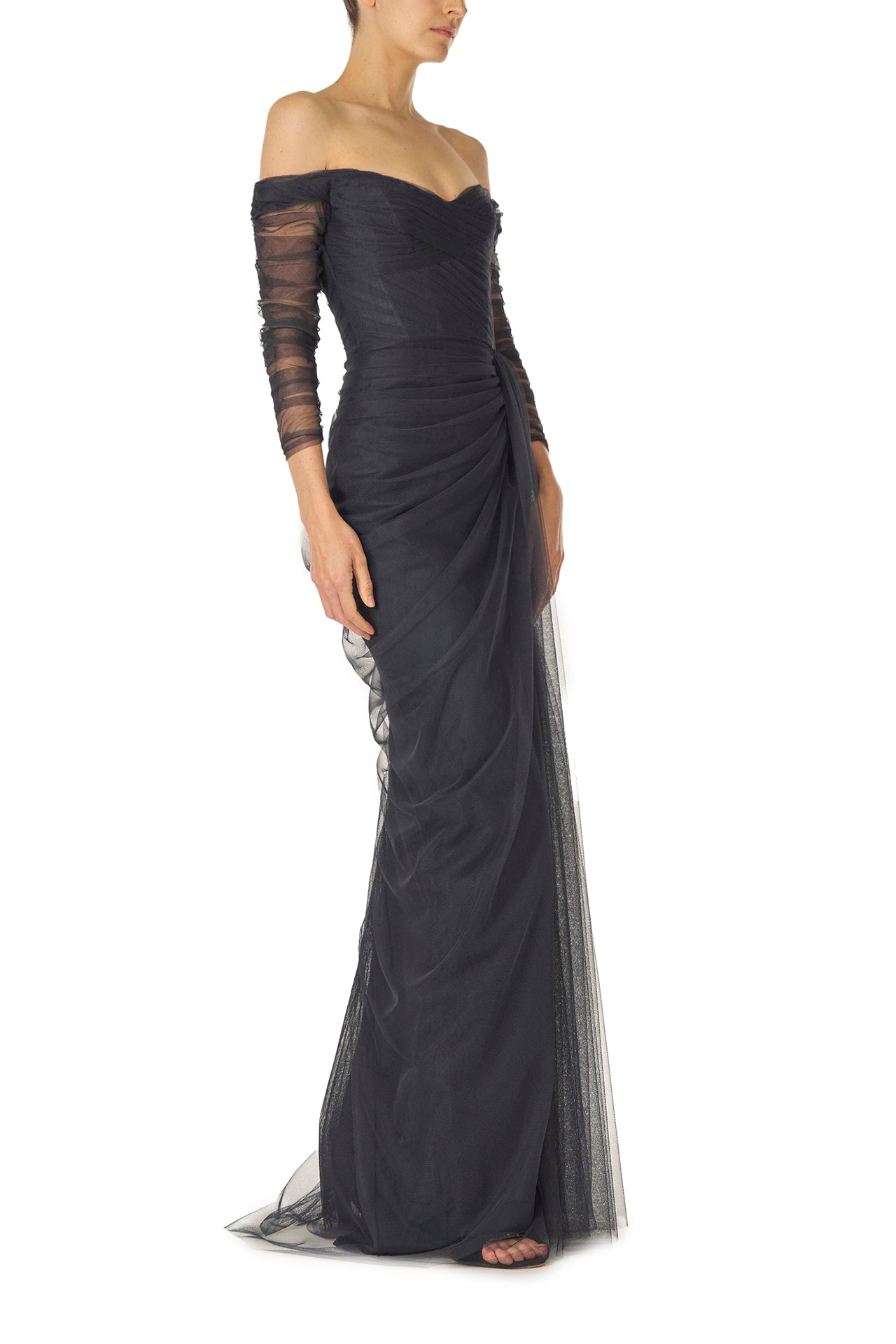 Monique Lhuillier Fall 2024 navy off the shoulder draped tulle gown with sleeves and corset boned bodice - side.