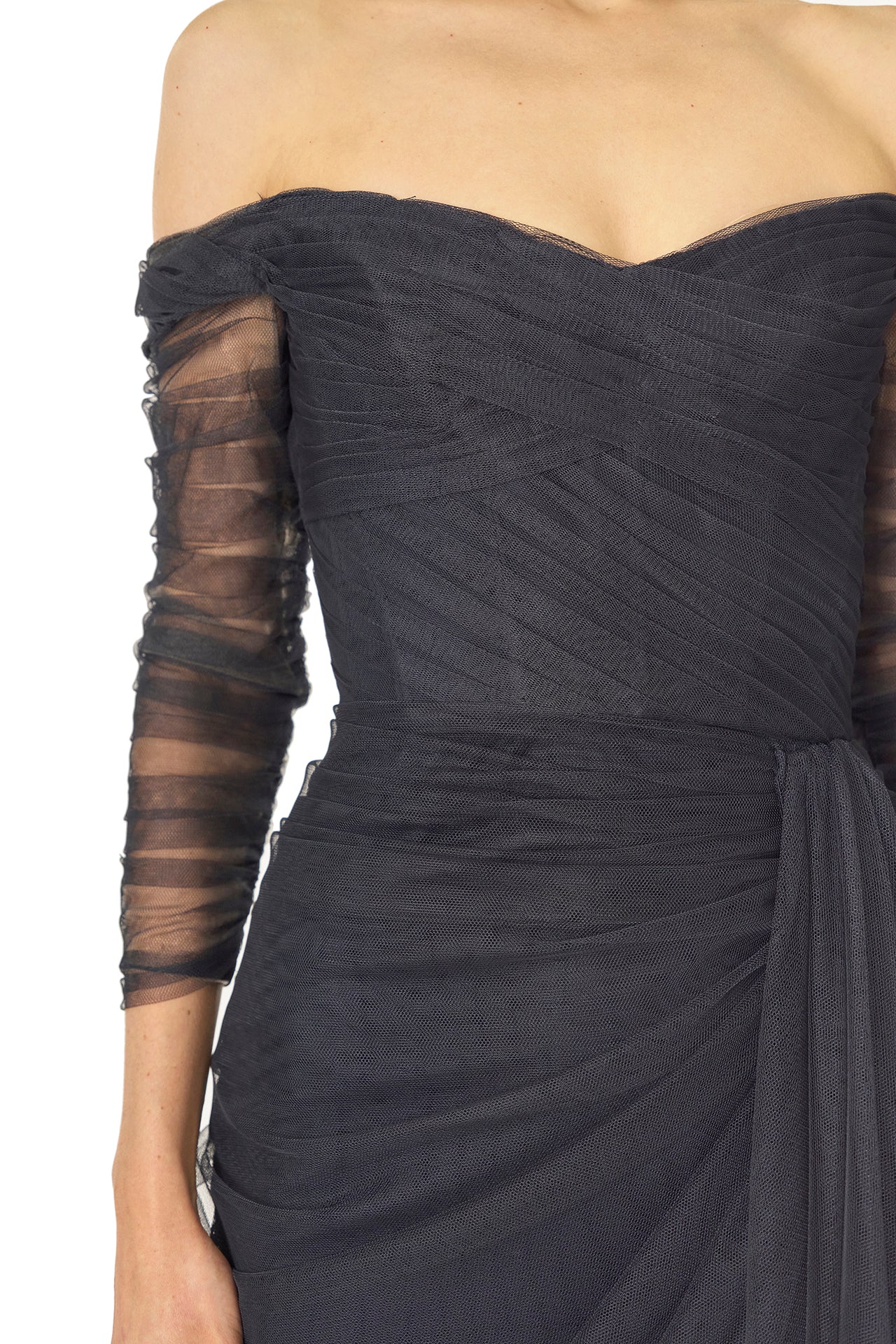 Monique Lhuillier Fall 2024 navy off the shoulder draped tulle gown with sleeves and corset boned bodice - fabric detail.