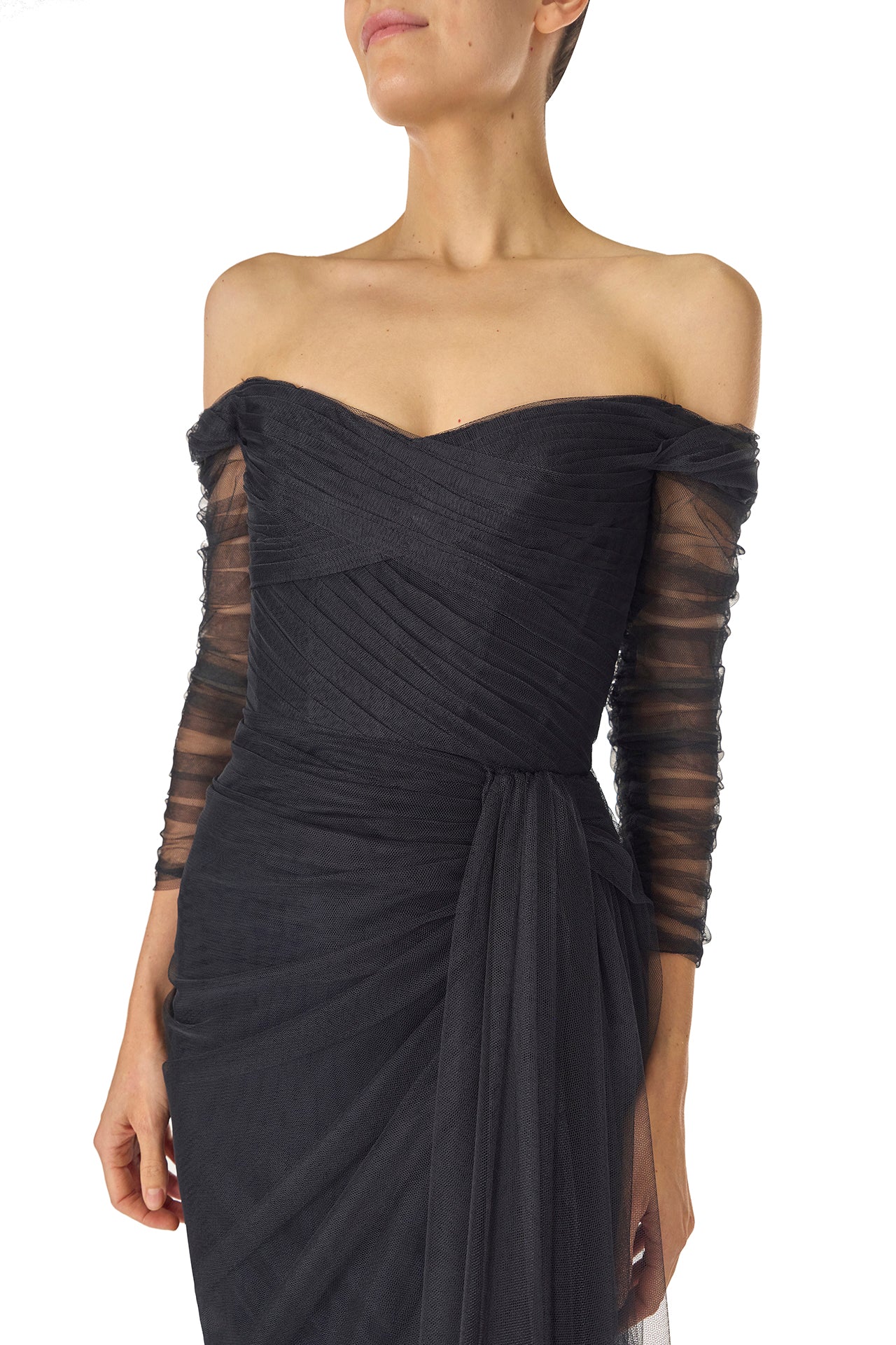 Monique Lhuillier Fall 2024 navy off the shoulder draped tulle gown with sleeves and corset boned bodice - bodice.