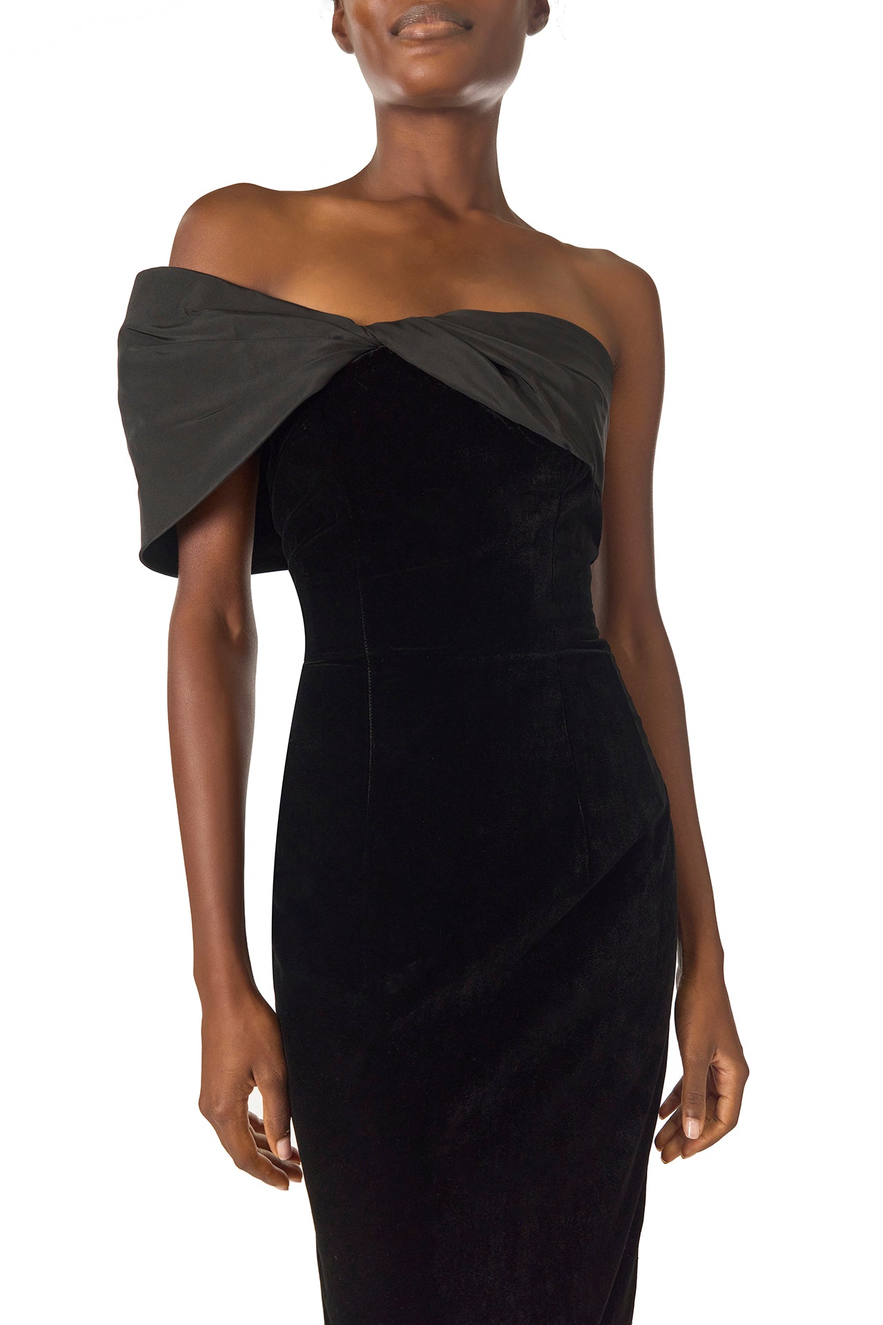 Monique Lhuillier Fall 2024 asymmetric, off the shoulder sheath dress in noir silk faille and velvet with draped twist detail at neckline - detail.