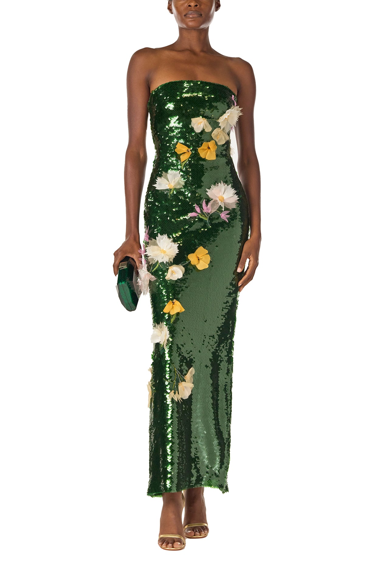 Monique Lhuillier Fall 2024 strapless, column gown in Juniper green sequins and 3D floral embroidery - front with Dasha emerald handbag.