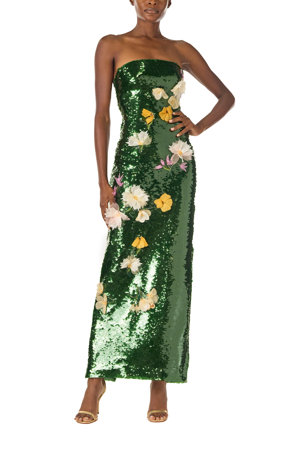 Monique Lhuillier Fall 2024 strapless, column gown in Juniper green sequins and 3D floral embroidery - front.