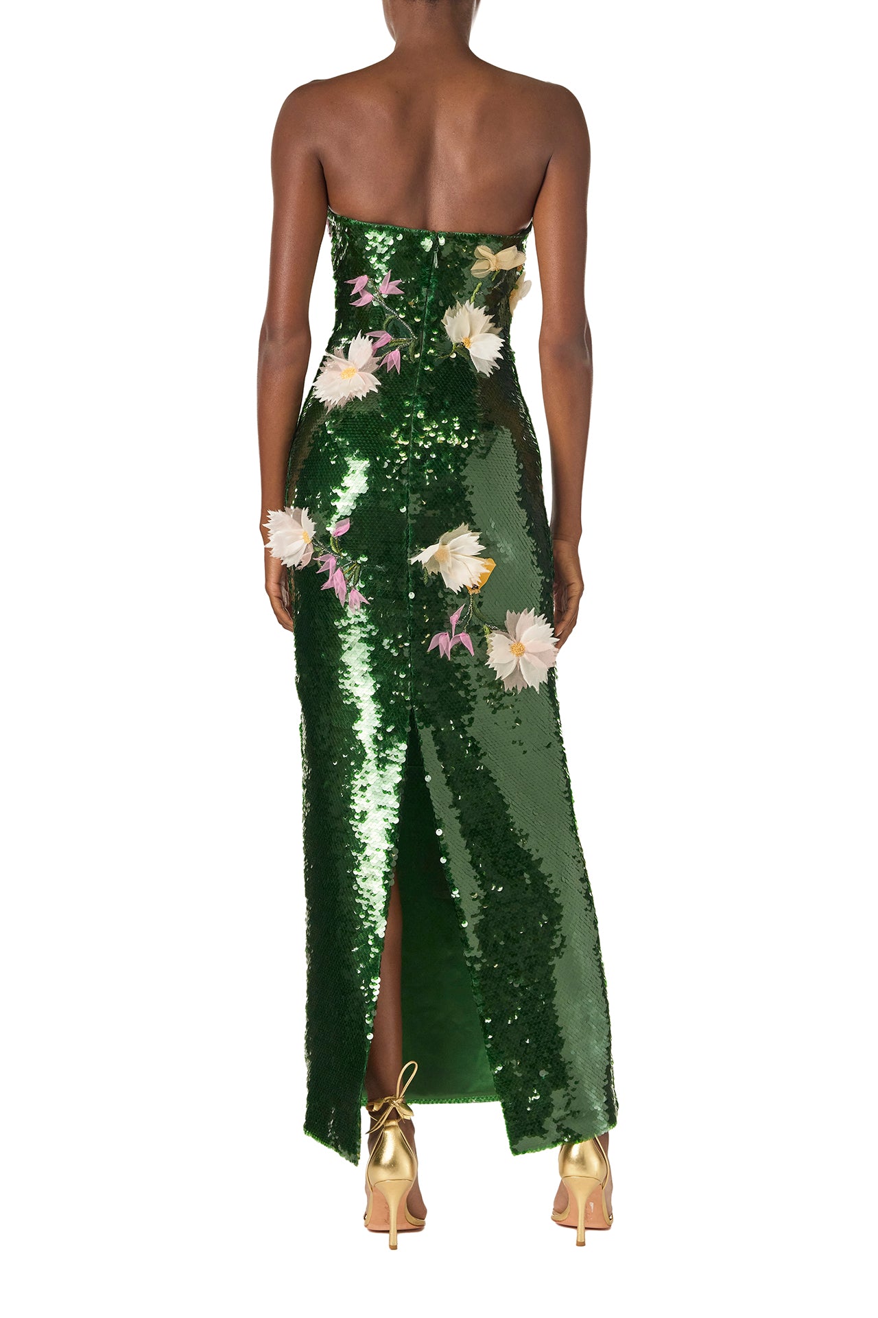 Monique Lhuillier Fall 2024 strapless, column gown in Juniper green sequins and 3D floral embroidery - back.