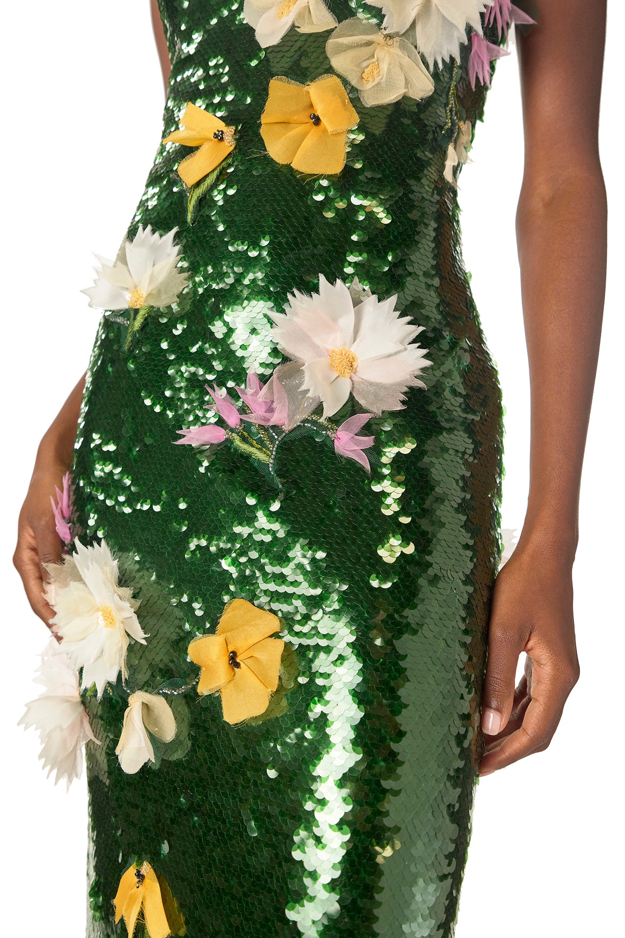 Monique Lhuillier Fall 2024 strapless, column gown in Juniper green sequins and 3D floral embroidery - fabric detail.