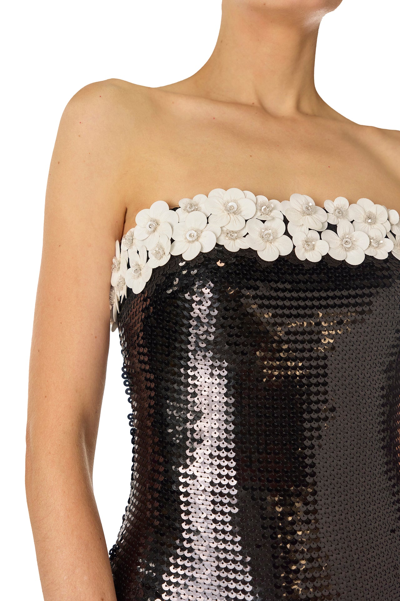 Monique Lhuillier Spring 2025 strapless column gown in noir sequins with silk white floral embroidered neckline - neckline.