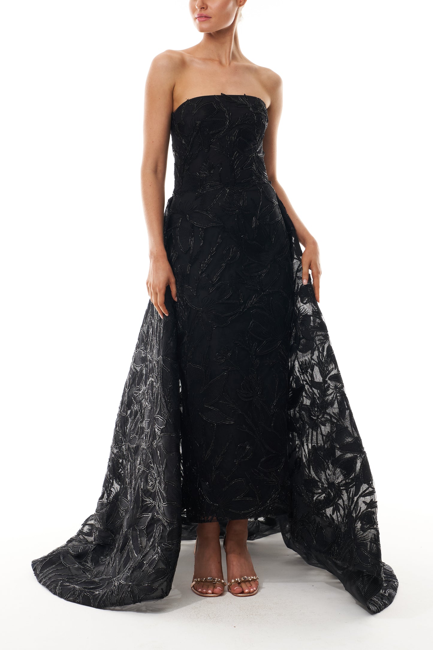 Monique Lhuillier Spring 2025 strapless gown with train in noir embroidery - front two.