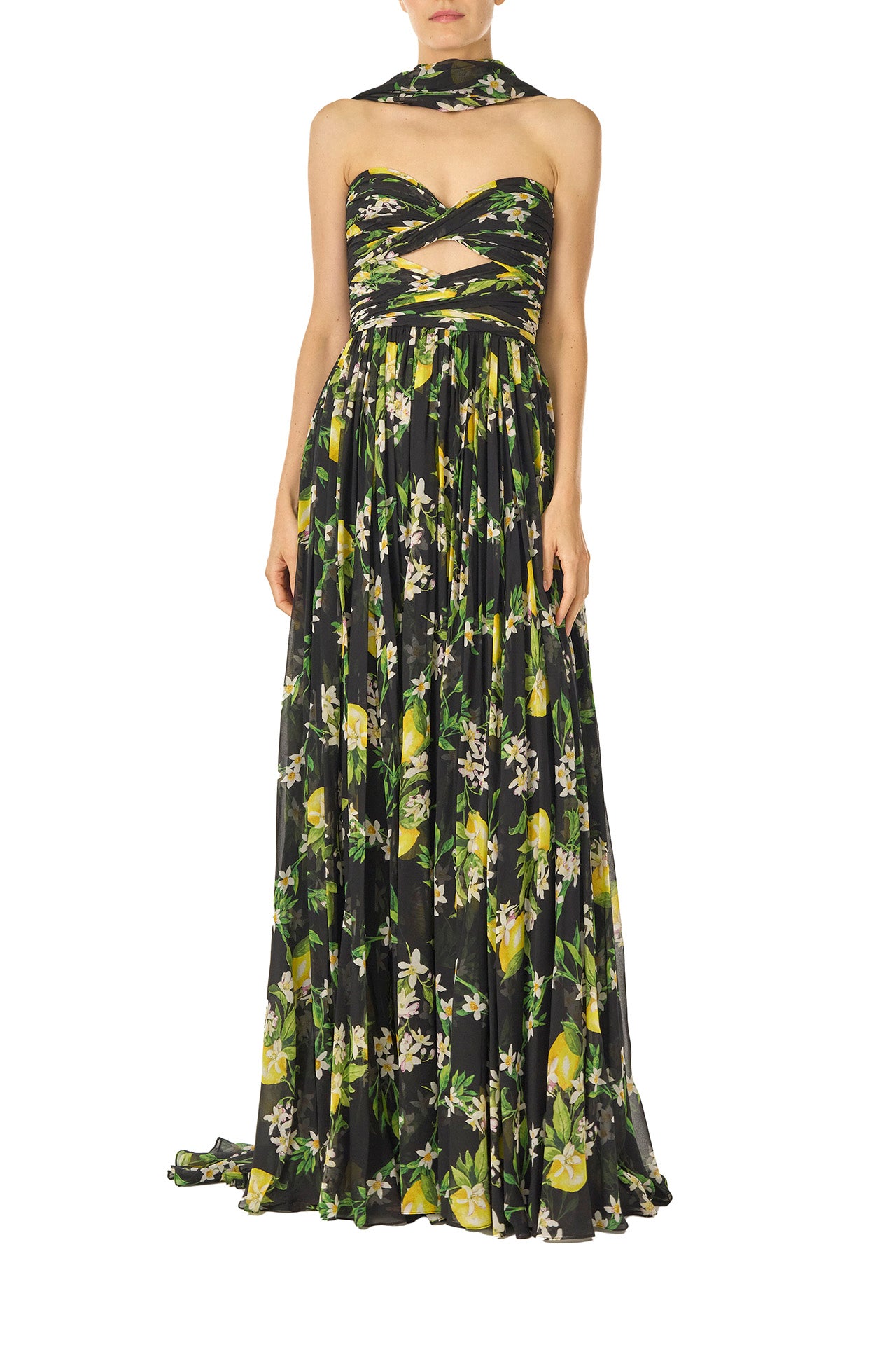 Monique Lhuillier Spring 2025 Strapless gown with draped, cut-out bodice and detached neck scarf in Floral Lemon printed Georgette fabric - front.
