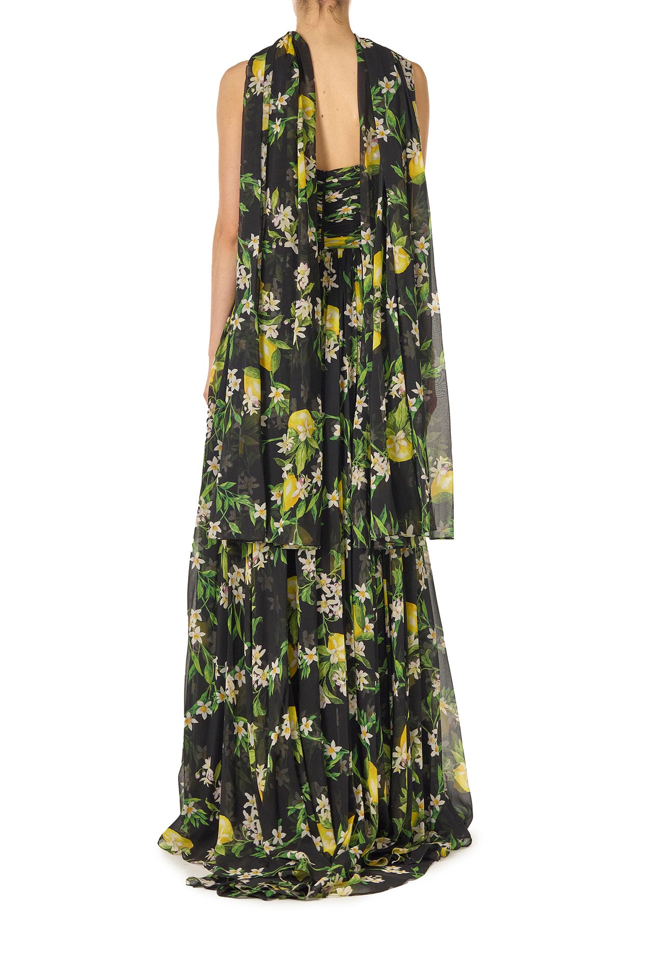 Monique Lhuillier Spring 2025 Strapless gown with draped, cut-out bodice and detached neck scarf in Floral Lemon printed Georgette fabric - back with scarf.