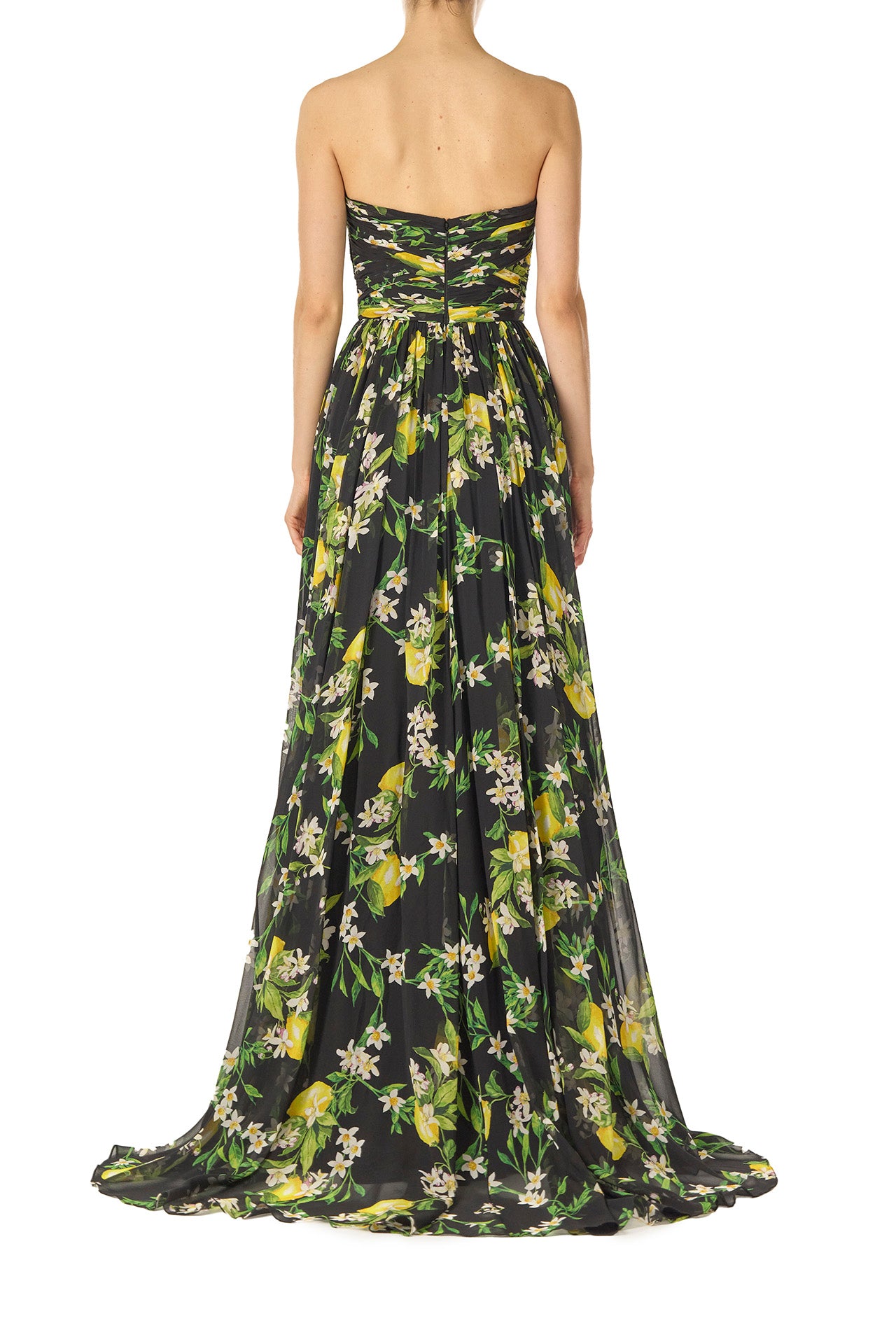 Monique Lhuillier Spring 2025 Strapless gown with draped, cut-out bodice and detached neck scarf in Floral Lemon printed Georgette fabric - back without scarf.