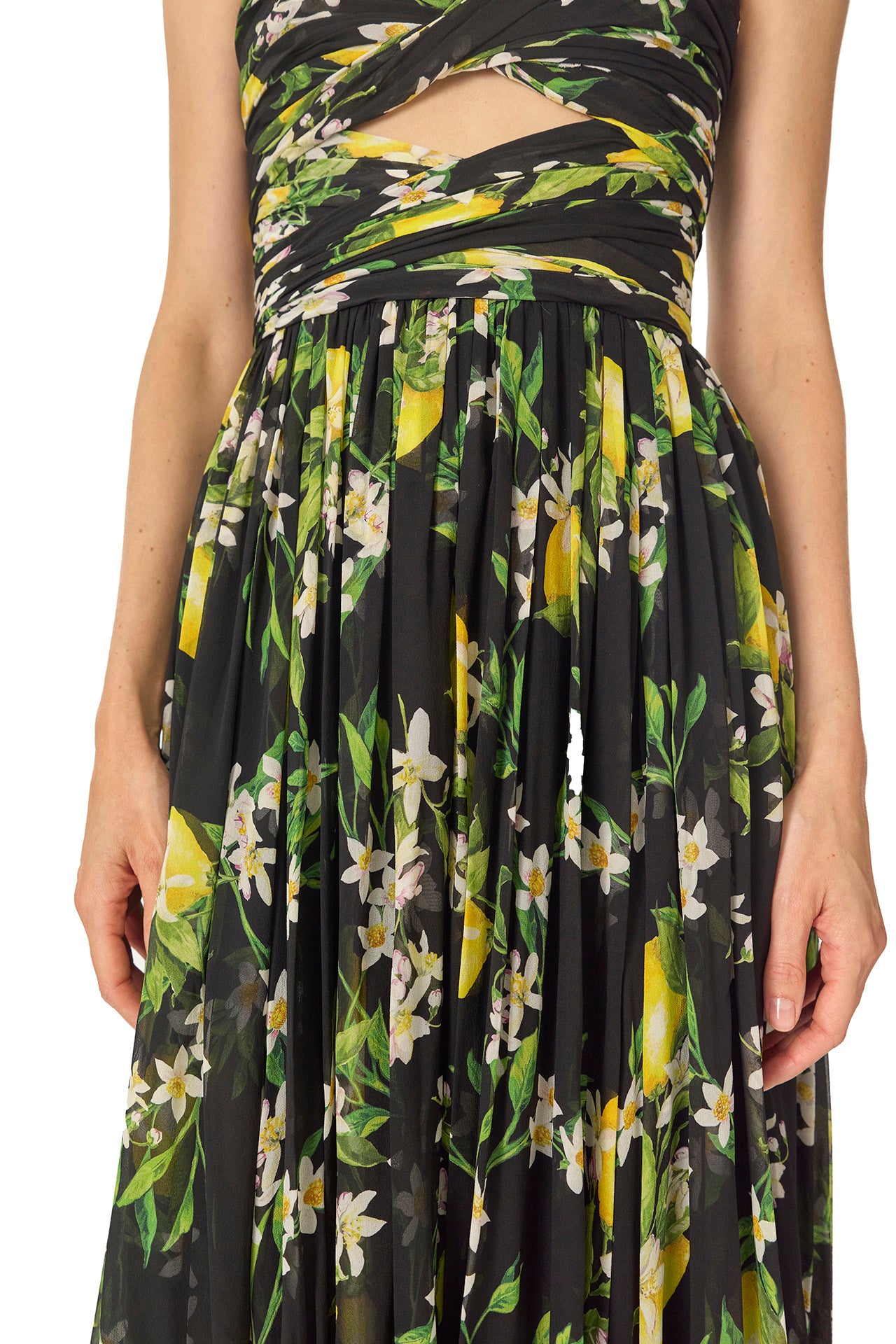 Monique Lhuillier Spring 2025 Strapless gown with draped, cut-out bodice and detached neck scarf in Floral Lemon printed Georgette fabric - fabric detail.