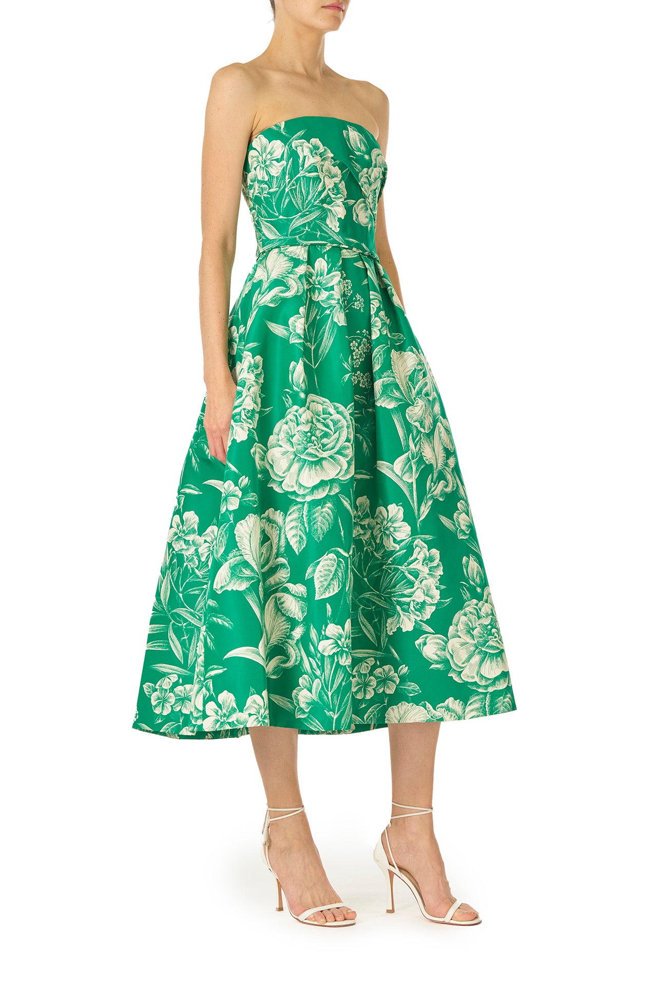 Monique Lhuillier Spring 2025 Strapless, tea-length dress with draped bodice and pockets in Grass/Silk White Floral Toile print - right side.