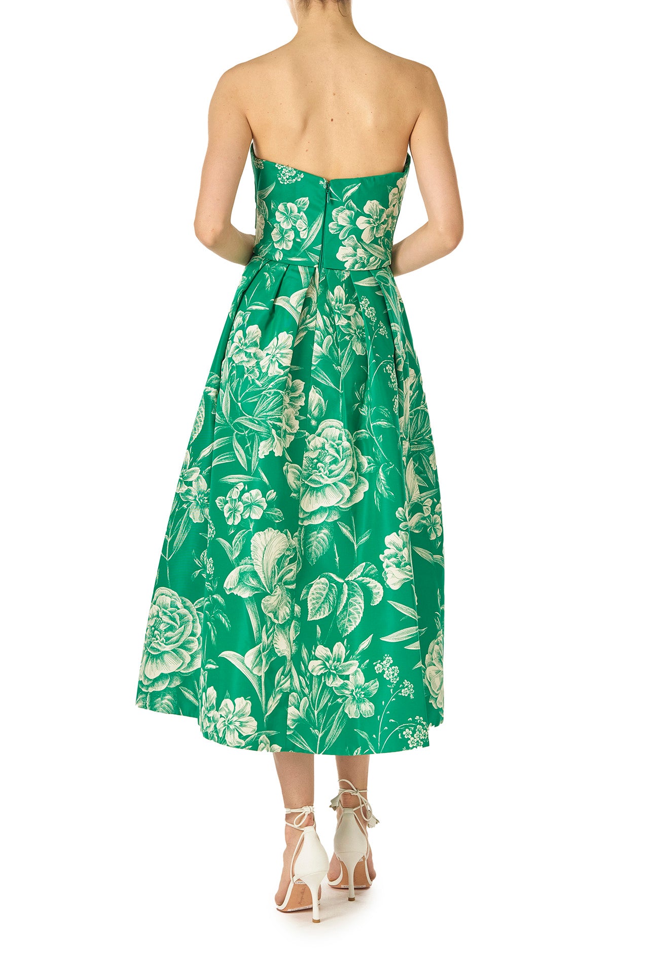 Monique Lhuillier Spring 2025 Strapless, tea-length dress with draped bodice and pockets in Grass/Silk White Floral Toile print - back.