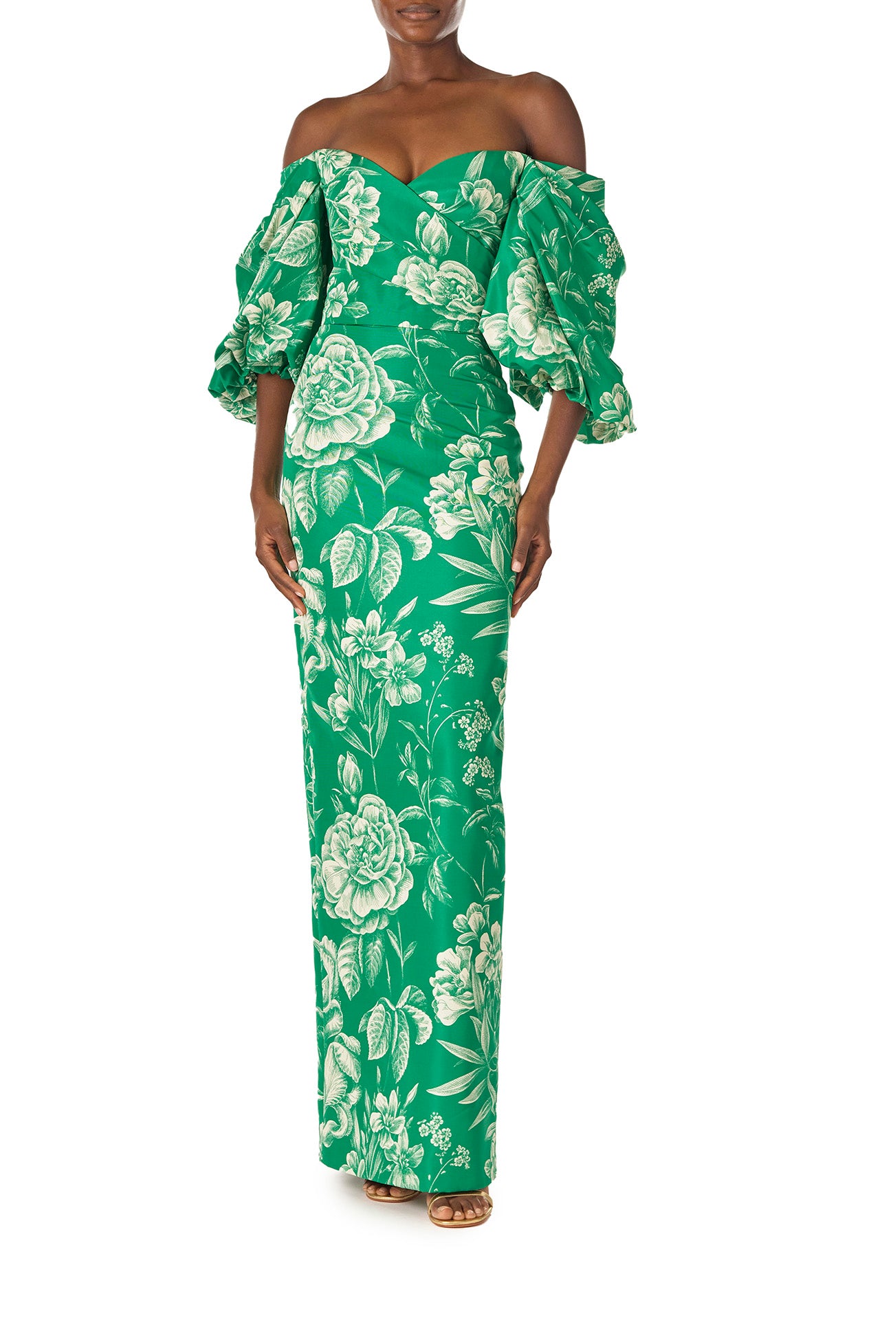 Monique Lhuillier Spring 2025 Off-the-shoulder column gown with blouson sleeves in Grass and Silk White Floral toile printed faille - front.