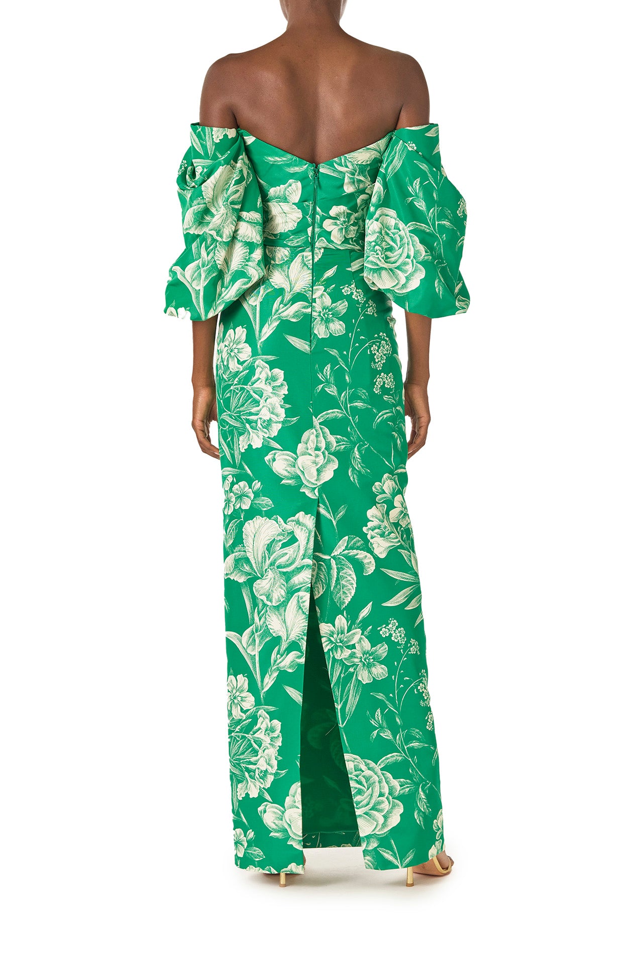 Monique Lhuillier Spring 2025 Off-the-shoulder column gown with blouson sleeves in Grass and Silk White Floral toile printed faille - back.