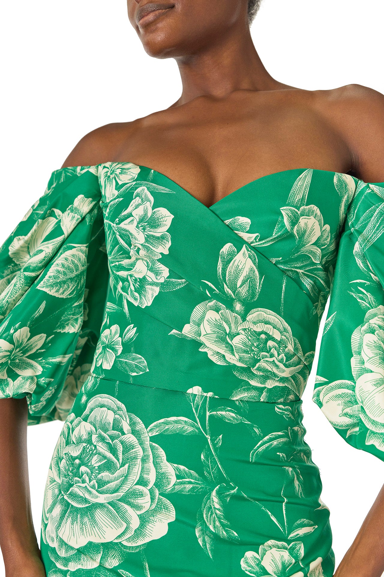 Monique Lhuillier Spring 2025 Off-the-shoulder column gown with blouson sleeves in Grass and Silk White Floral toile printed faille - fabric detail.