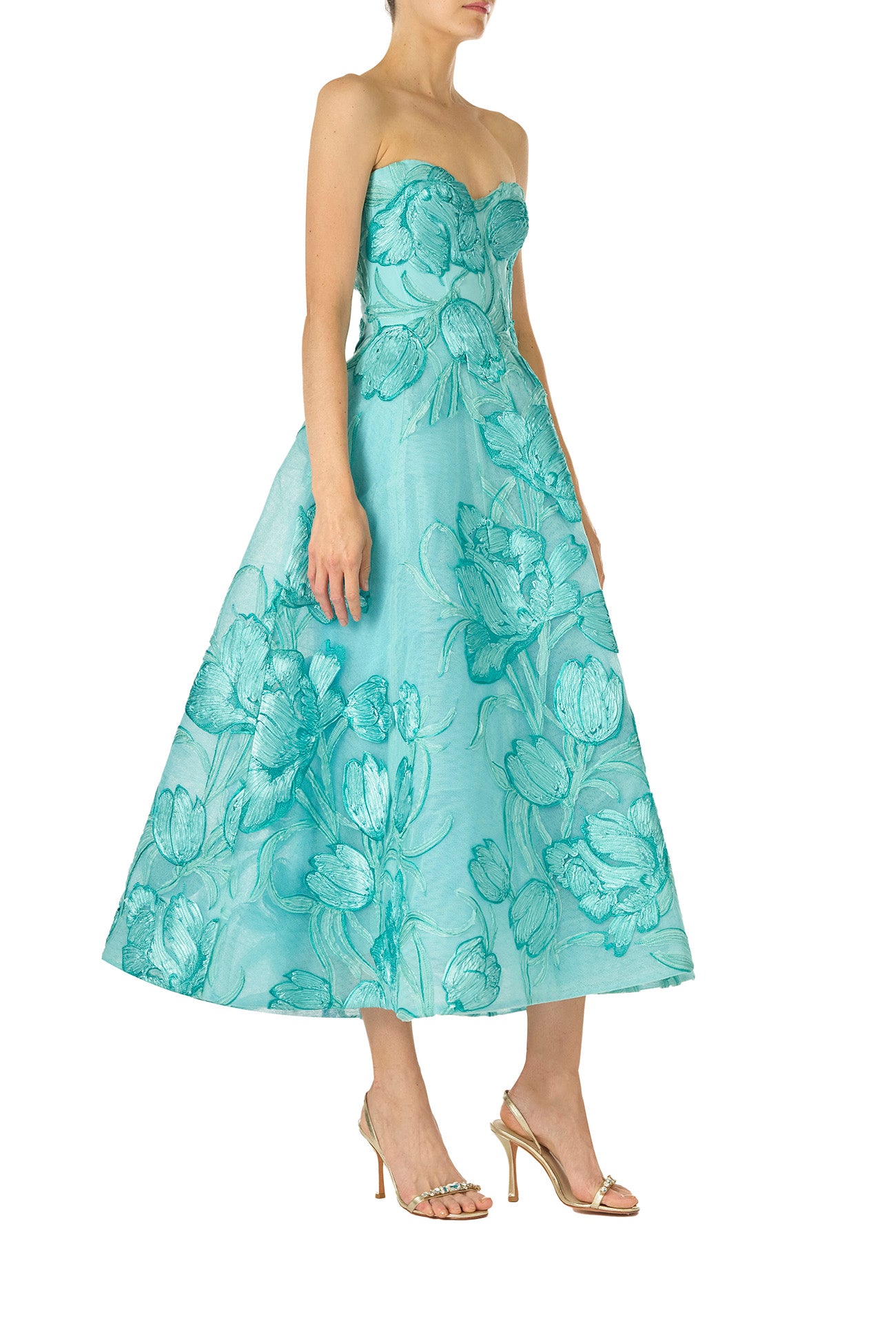 Monique Lhuillier strapless, tea-length dress with corseted sweetheart bodice and structured skirt in Aqua embroidered floral tulle - right side.