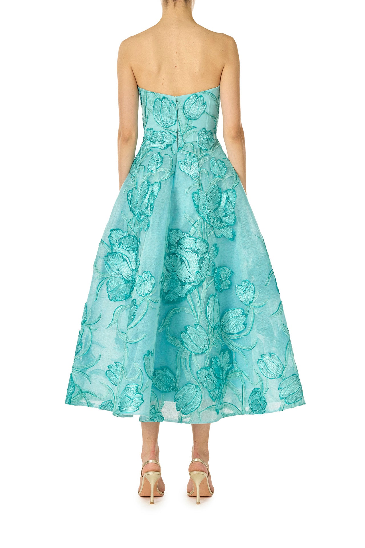 Monique Lhuillier strapless, tea-length dress with corseted sweetheart bodice and structured skirt in Aqua embroidered floral tulle - back.