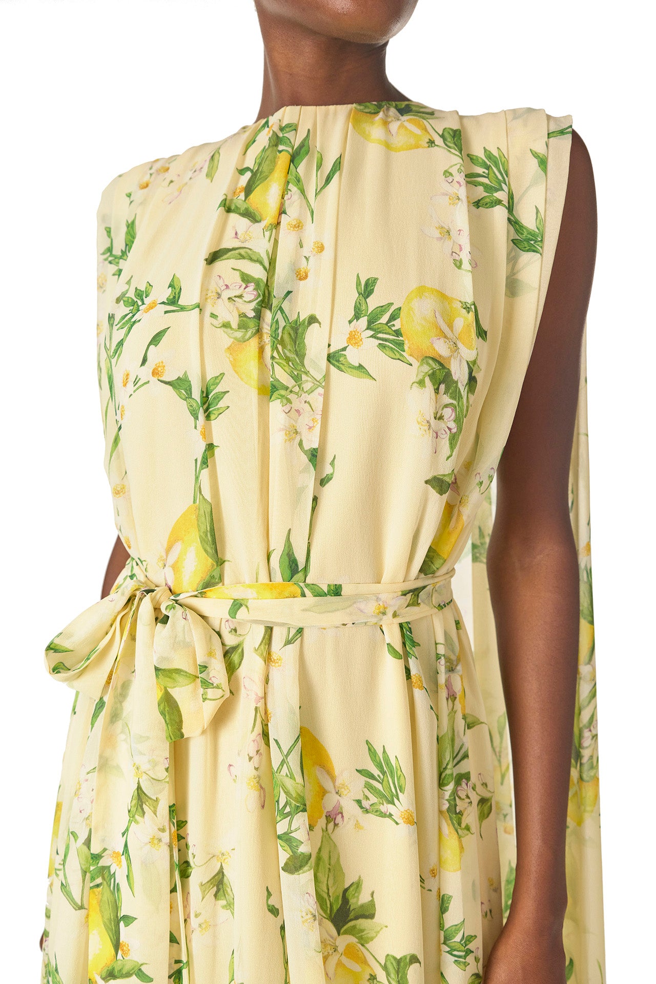 Monique Lhuillier Spring 2025 Lemon printed georgette sleeveless draped gown with integral cape - bodice.