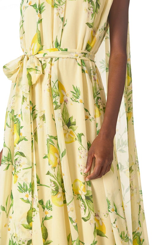 Monique Lhuillier Spring 2025 Lemon printed georgette sleeveless draped gown with integral cape - fabric.