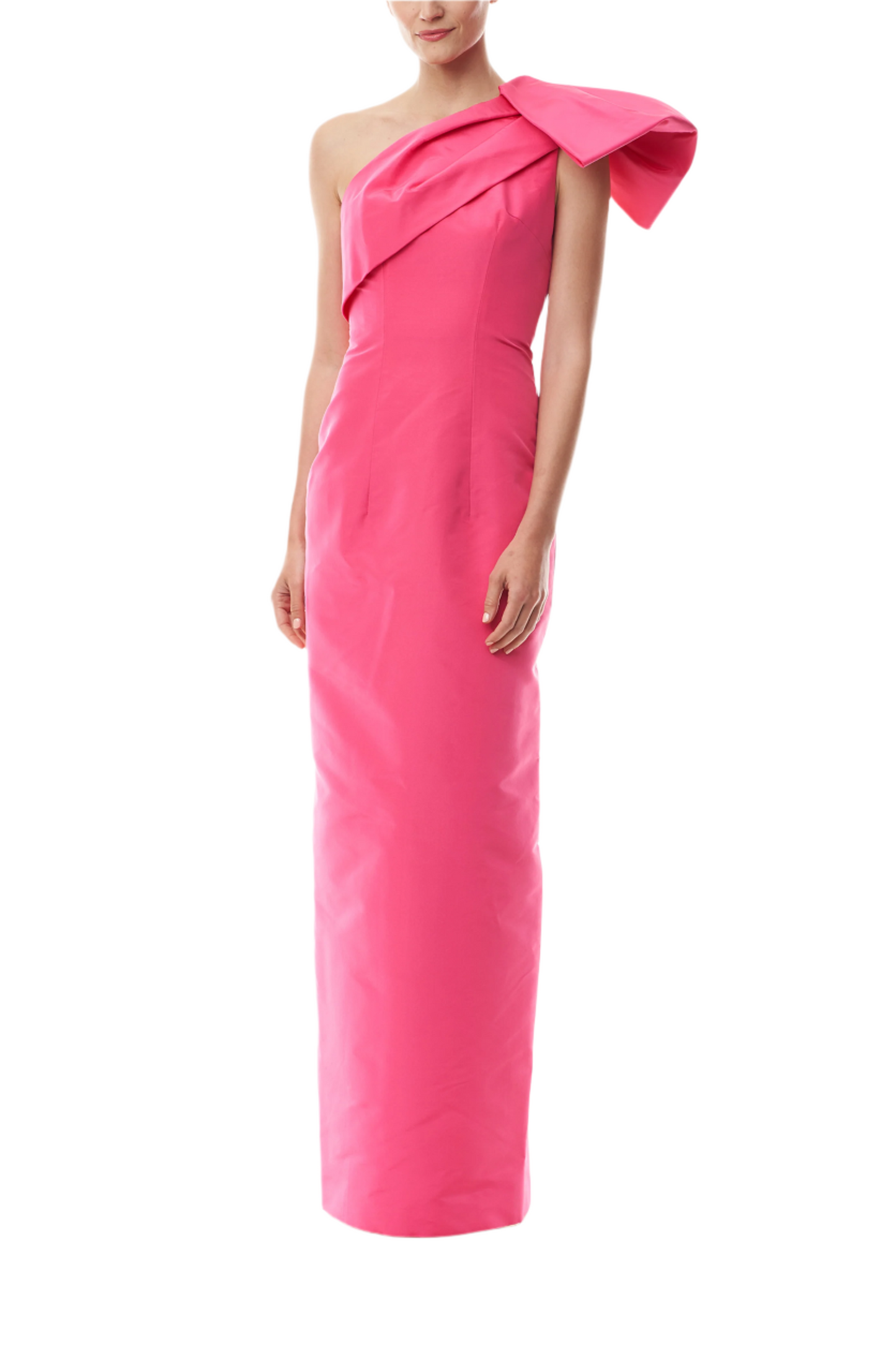 Monique Lhuillier Spring 2025 hot pink silk faille gown with one shoulder bow detail - front.