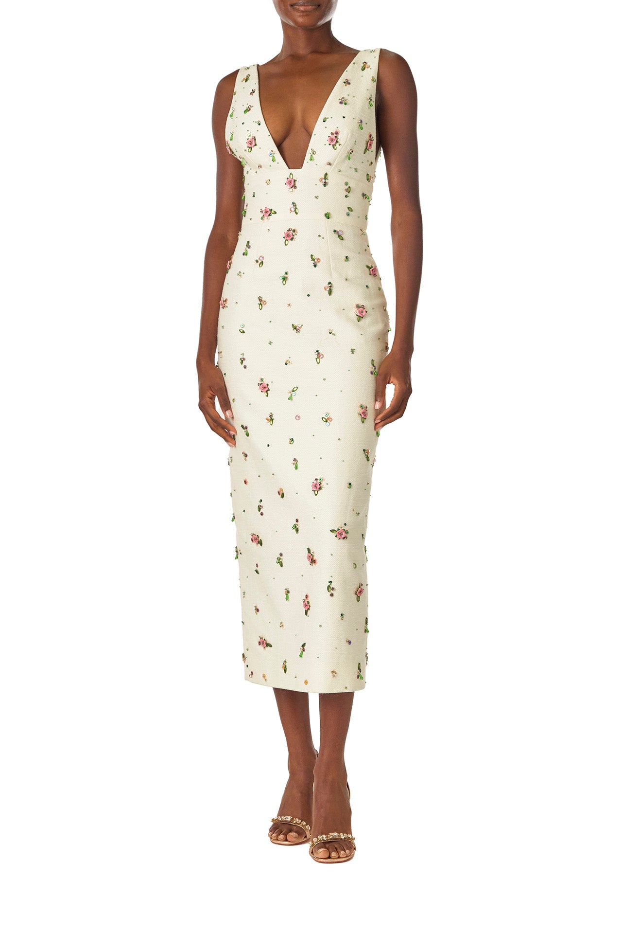 Monique Lhuillier Spring 2025 Floral embroidered silk white linen cocktail dress with deep V-neckline - front.