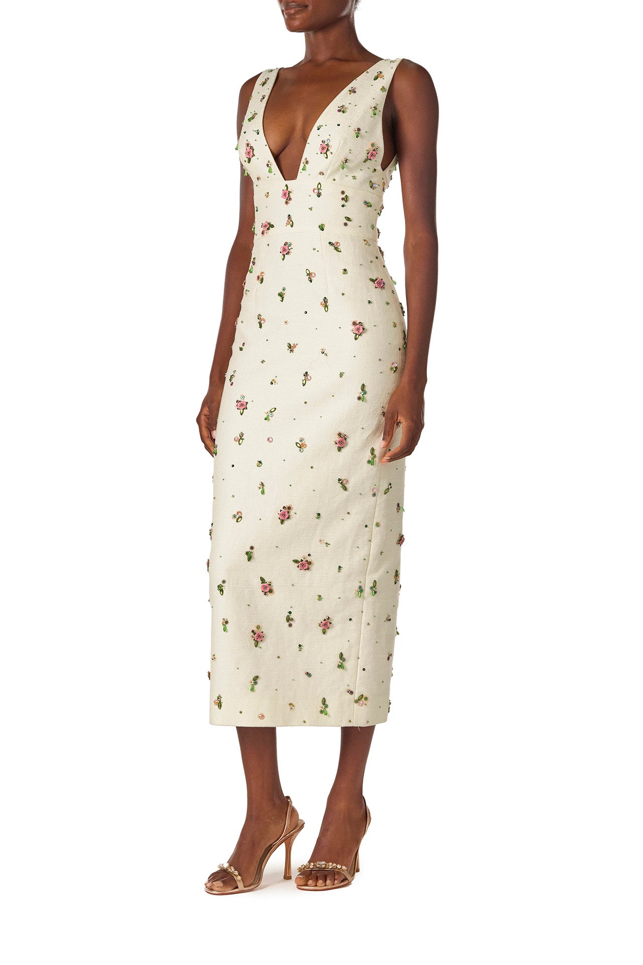 Monique Lhuillier Spring 2025 Floral embroidered silk white linen cocktail dress with deep V-neckline - left side.