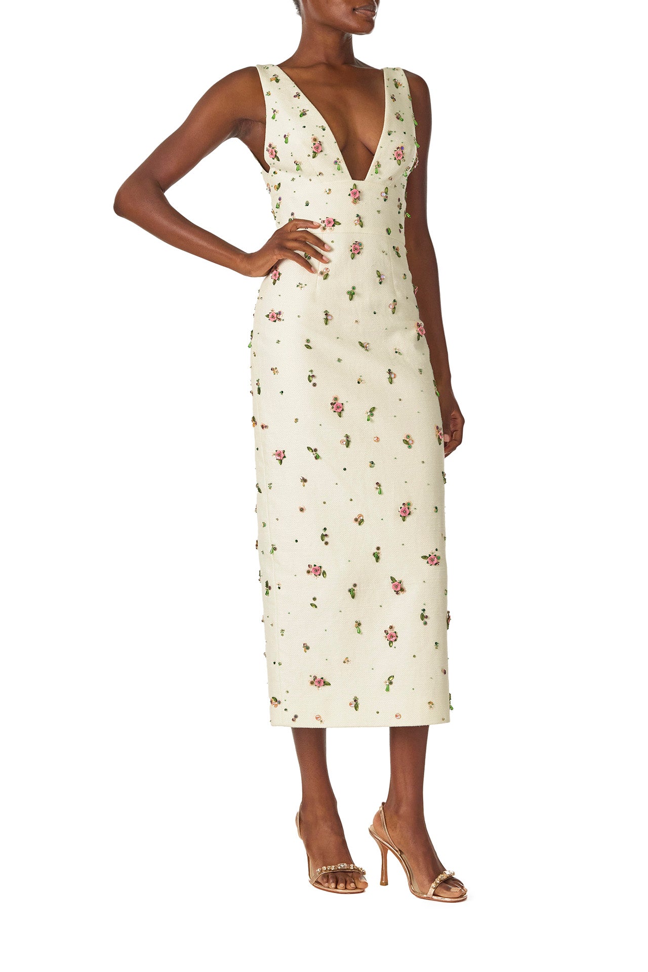 Monique Lhuillier Spring 2025 Floral embroidered silk white linen cocktail dress with deep V-neckline - right side.