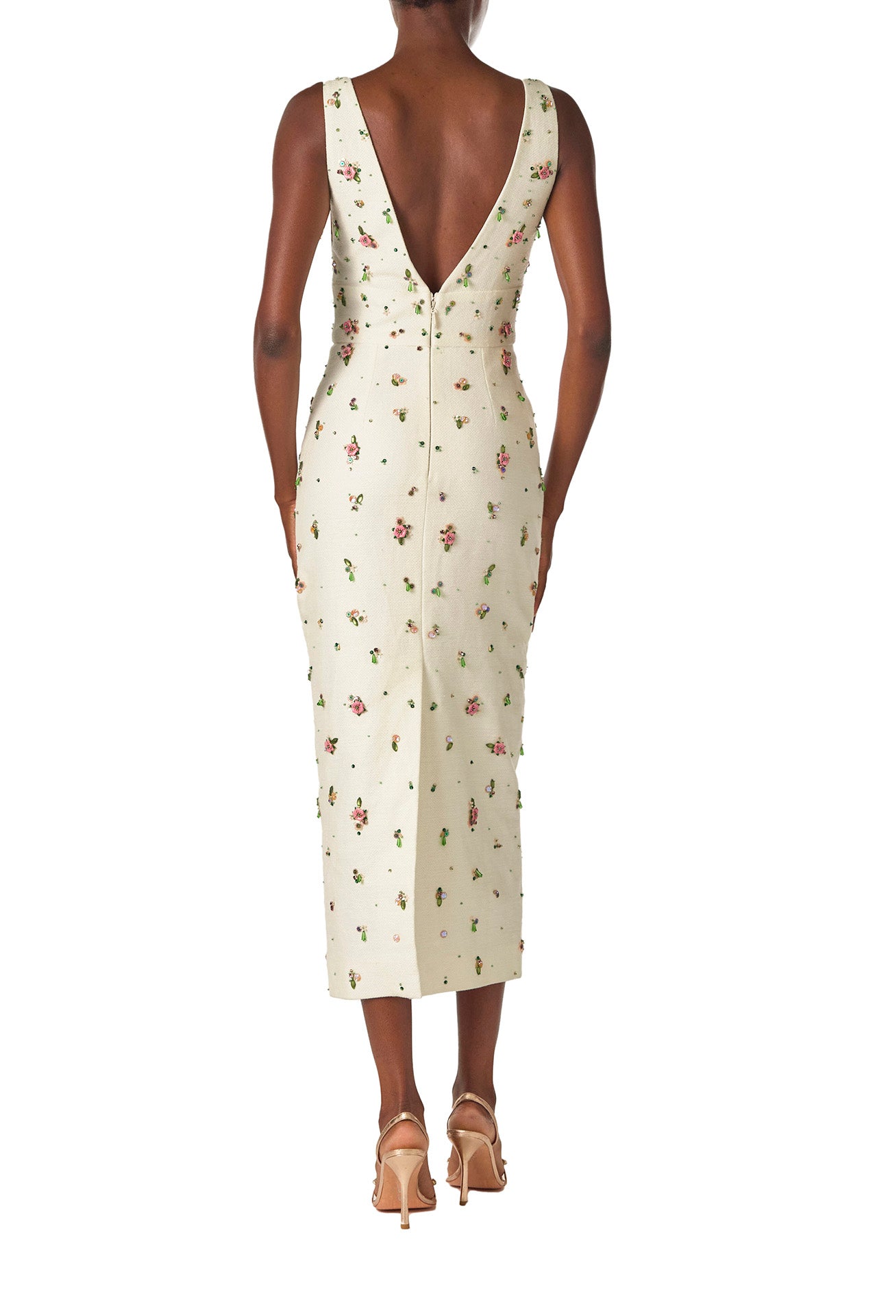 Monique Lhuillier Spring 2025 Floral embroidered silk white linen cocktail dress with deep V-neckline - back.