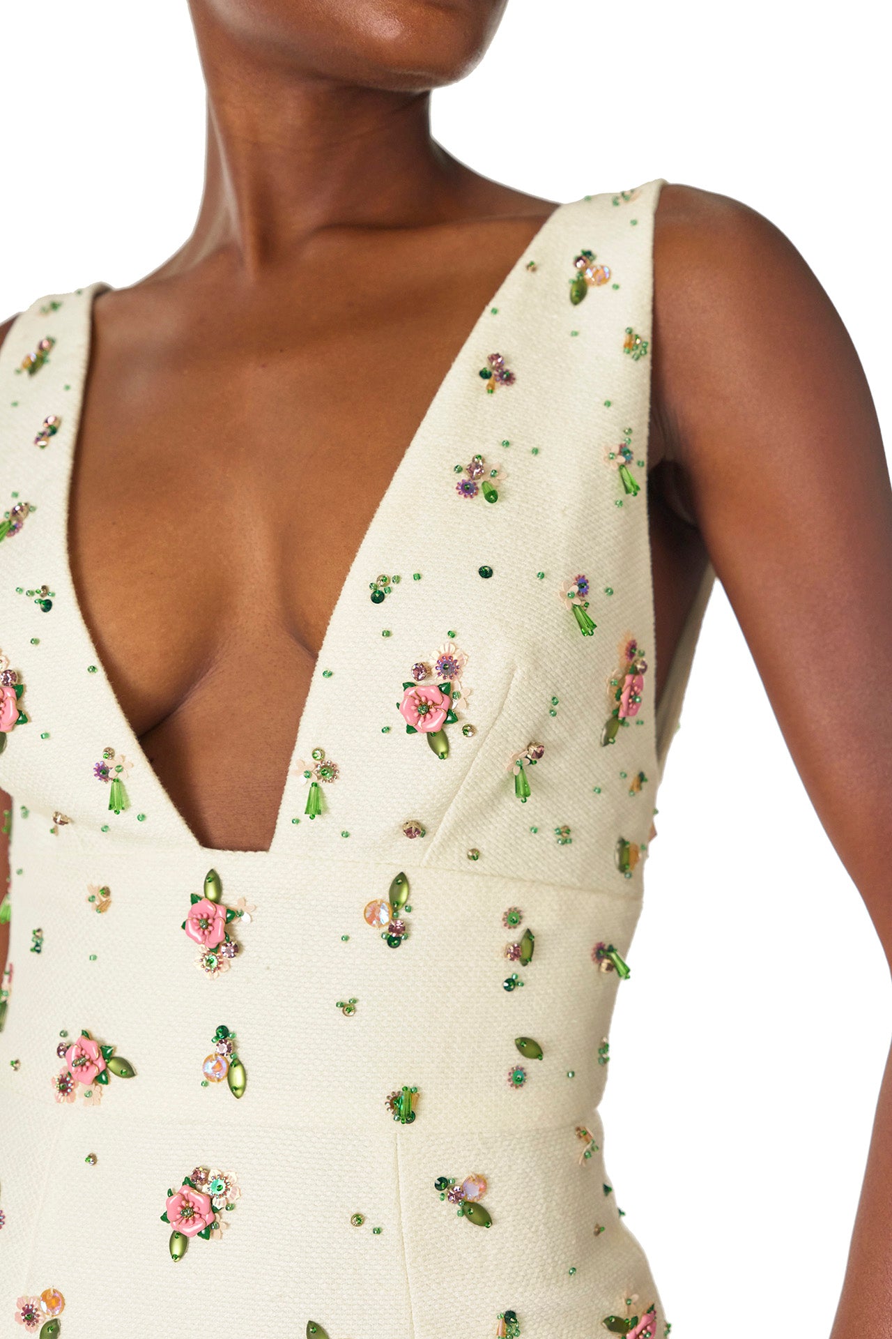 Monique Lhuillier Spring 2025 Floral embroidered silk white linen cocktail dress with deep V-neckline - neckline.