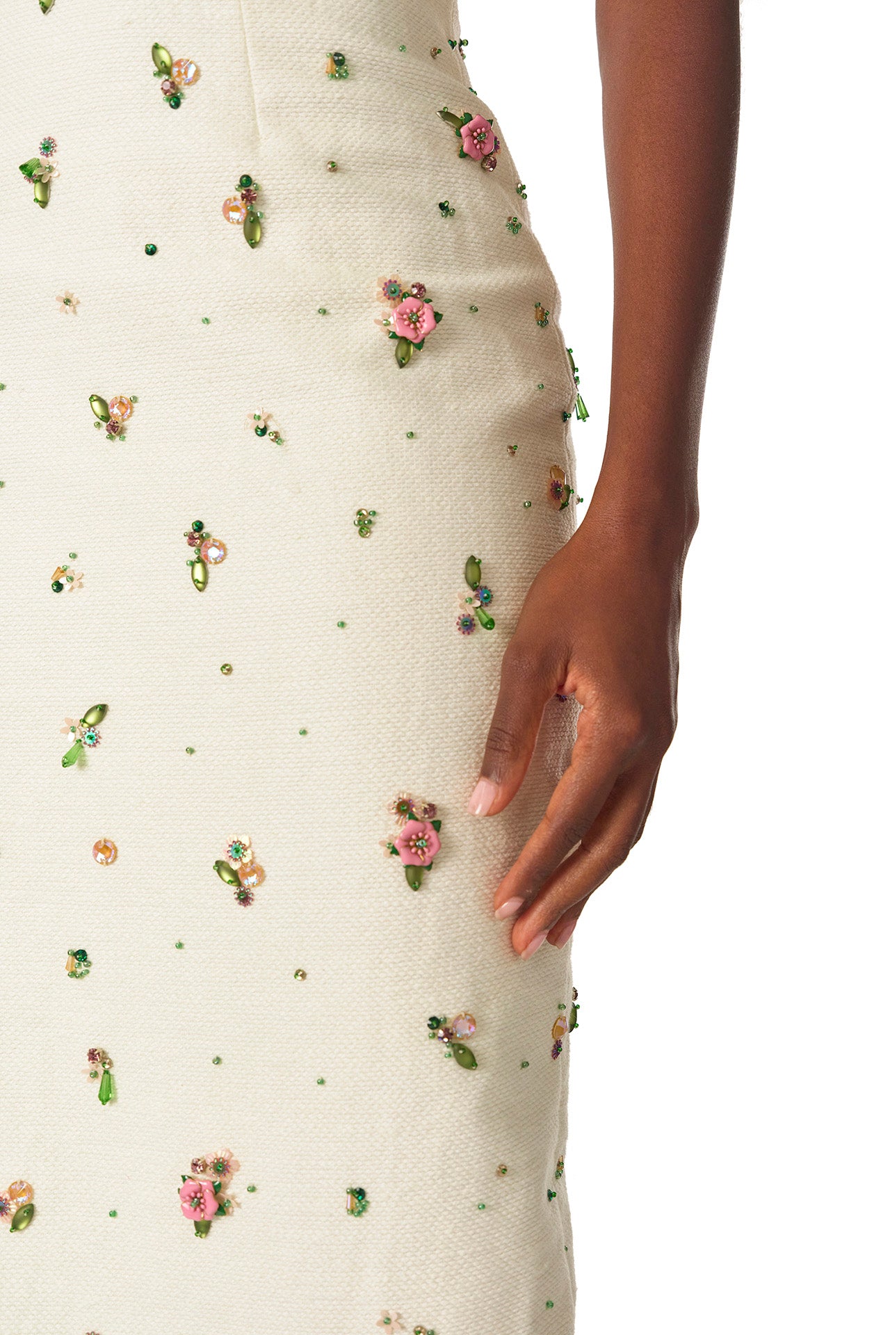 Monique Lhuillier Spring 2025 Floral embroidered silk white linen cocktail dress with deep V-neckline - fabric detail.