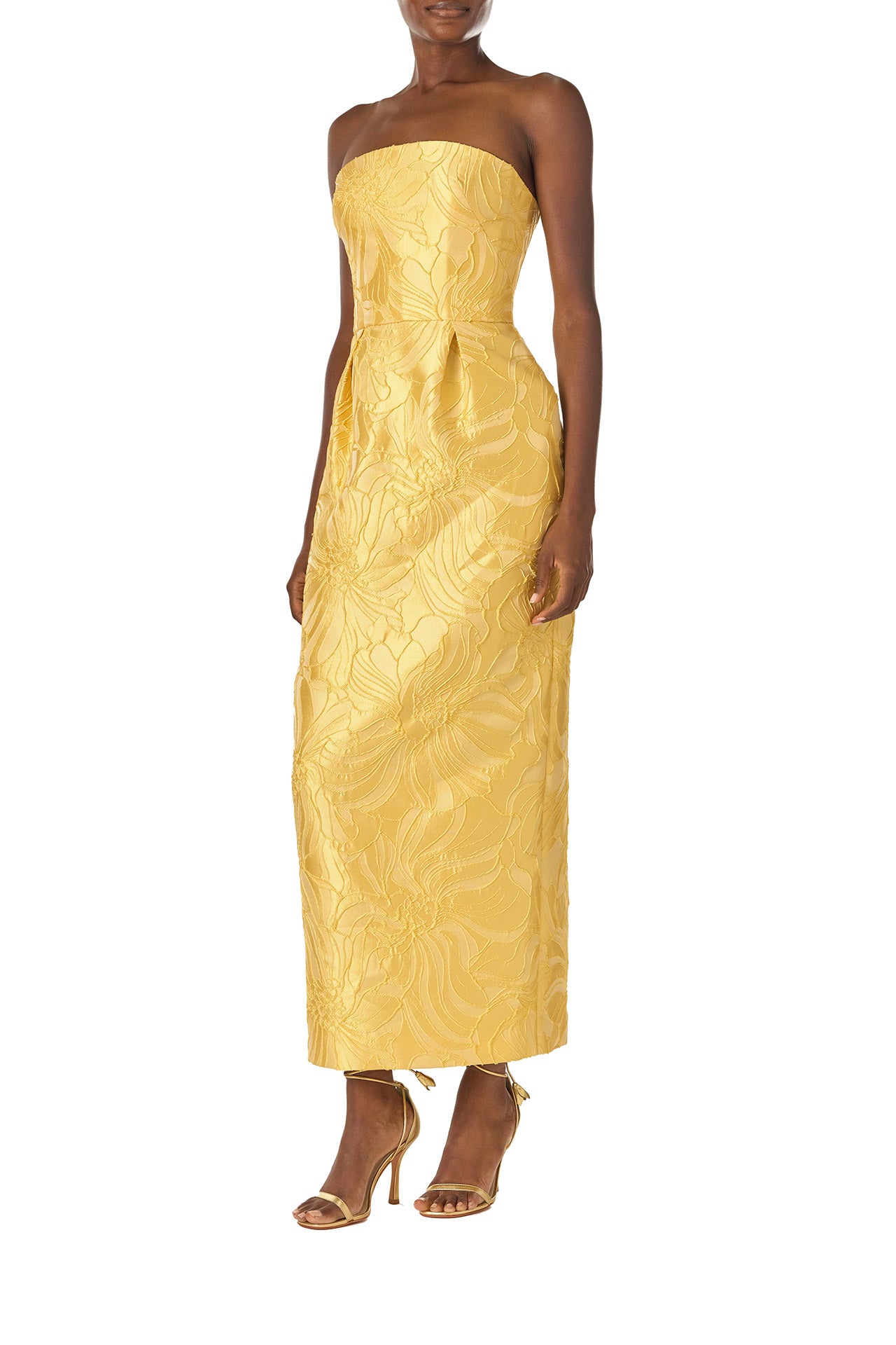 Monique Lhuillier Spring 2025 Strapless, floral jacquard cocktail dress with front pleated skirt and pockets in lemon drop color - side.