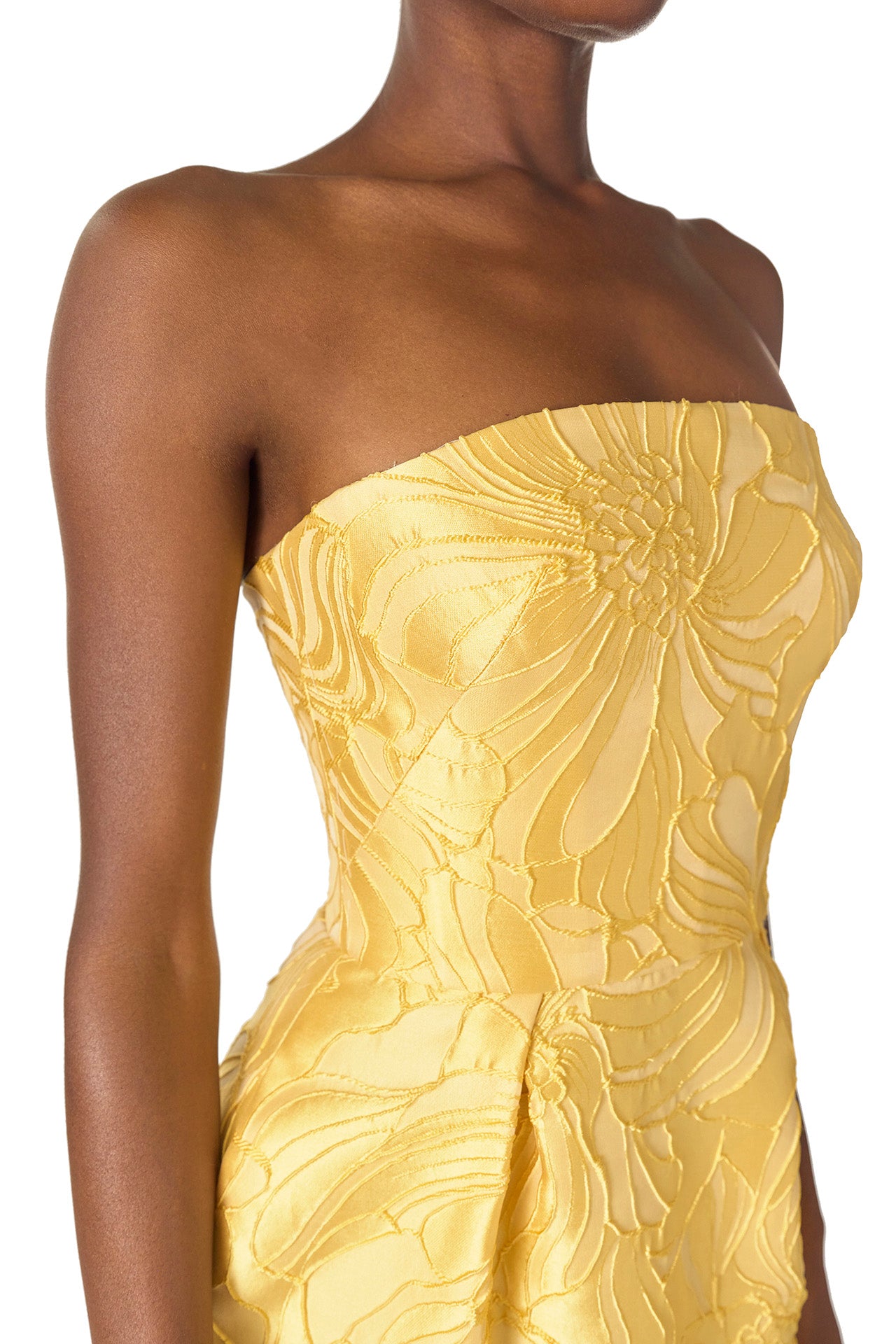 Monique Lhuillier Spring 2025 Strapless, floral jacquard cocktail dress with front pleated skirt and pockets in lemon drop color - fabric detail.