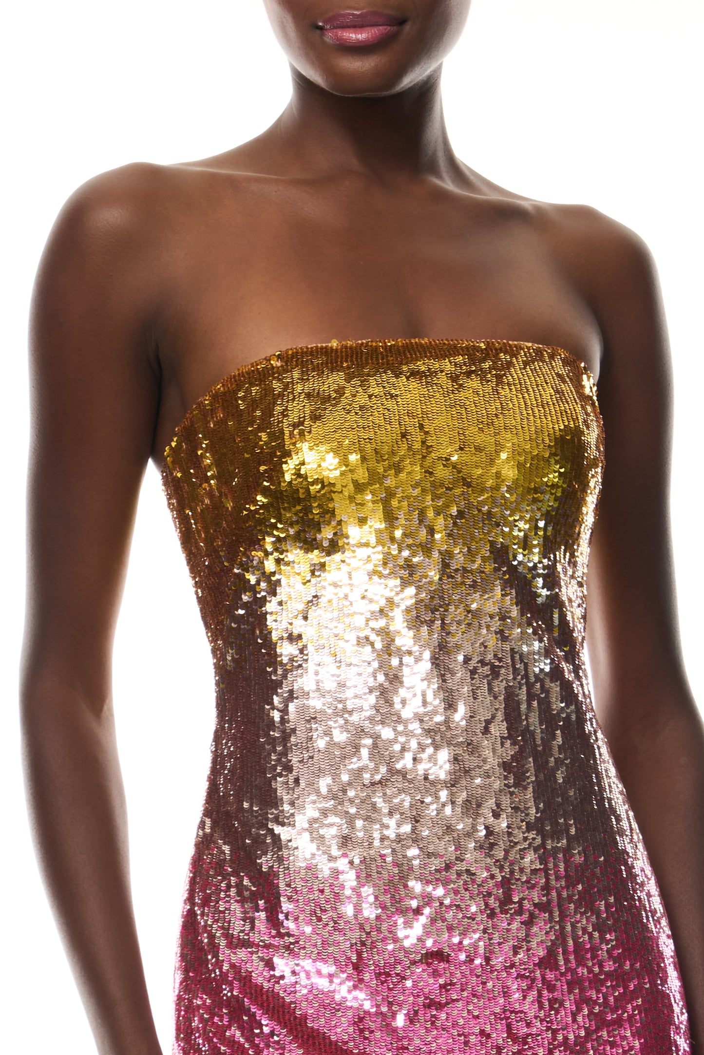 Monique Lhuillier Spring 2025 RTW strapless Hibiscus/Multi Ombre Sequin Column Gown - fabric.