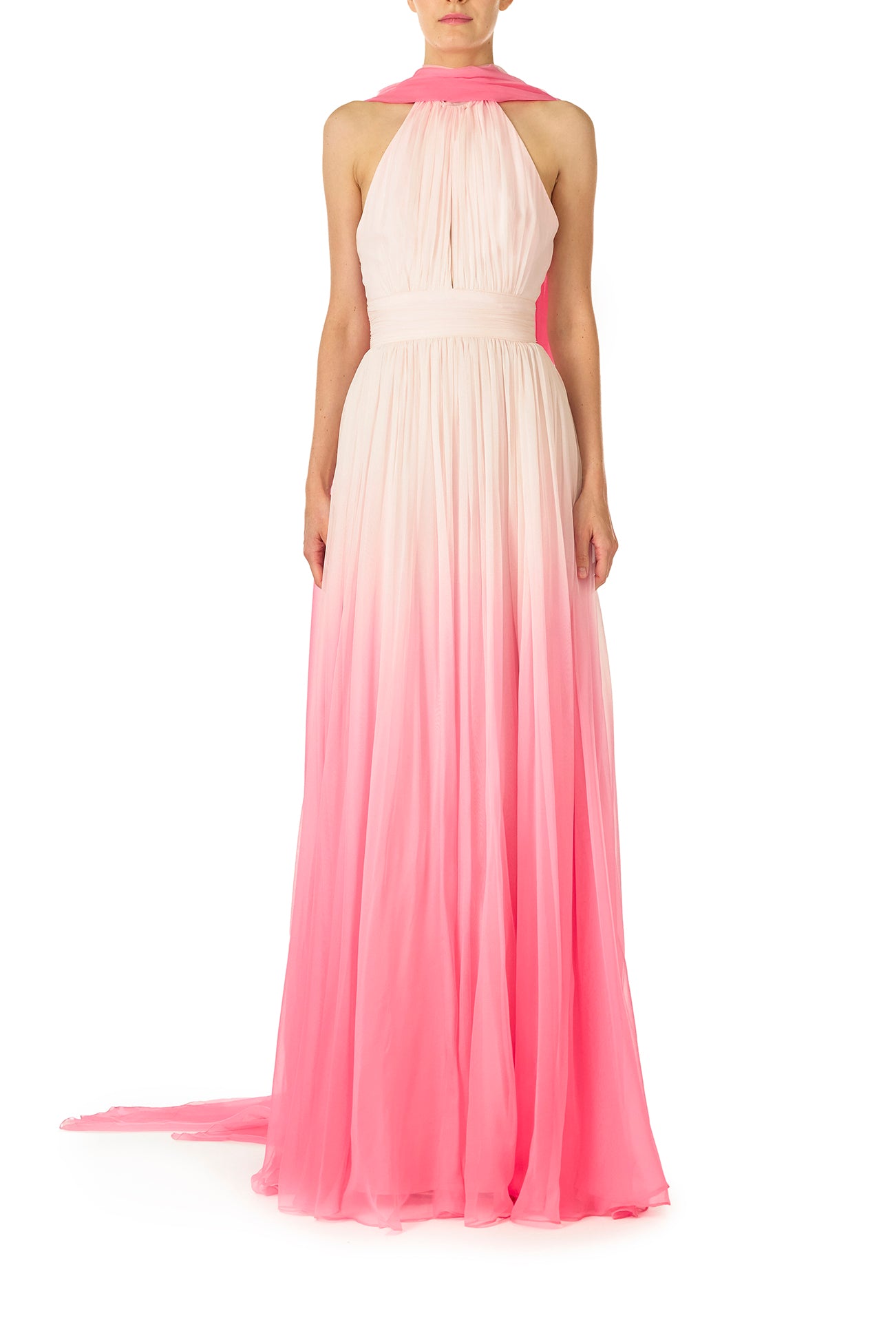 Monique Lhuillier Spring 2025 Hibiscu colored ombre chiffon gown with keyhole halter neckline and attached neck scarf - front.