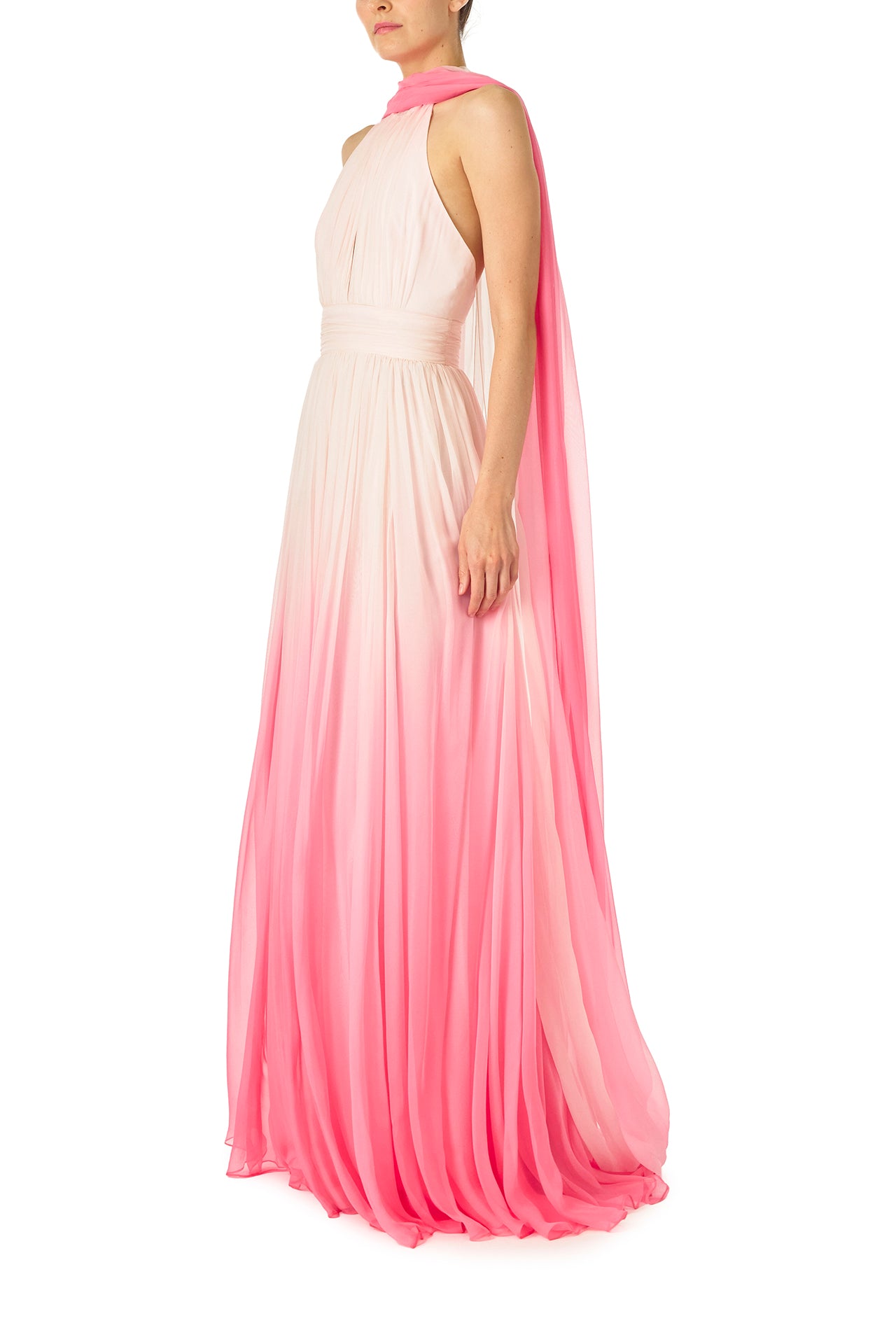 Monique Lhuillier Spring 2025 Hibiscu colored ombre chiffon gown with keyhole halter neckline and attached neck scarf - left side.
