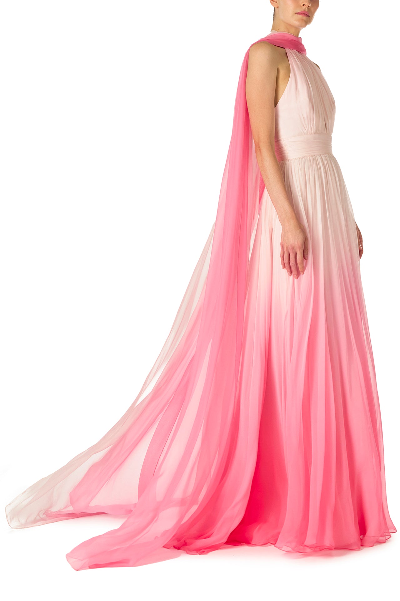 Monique Lhuillier Spring 2025 Hibiscu colored ombre chiffon gown with keyhole halter neckline and attached neck scarf - right side and train.