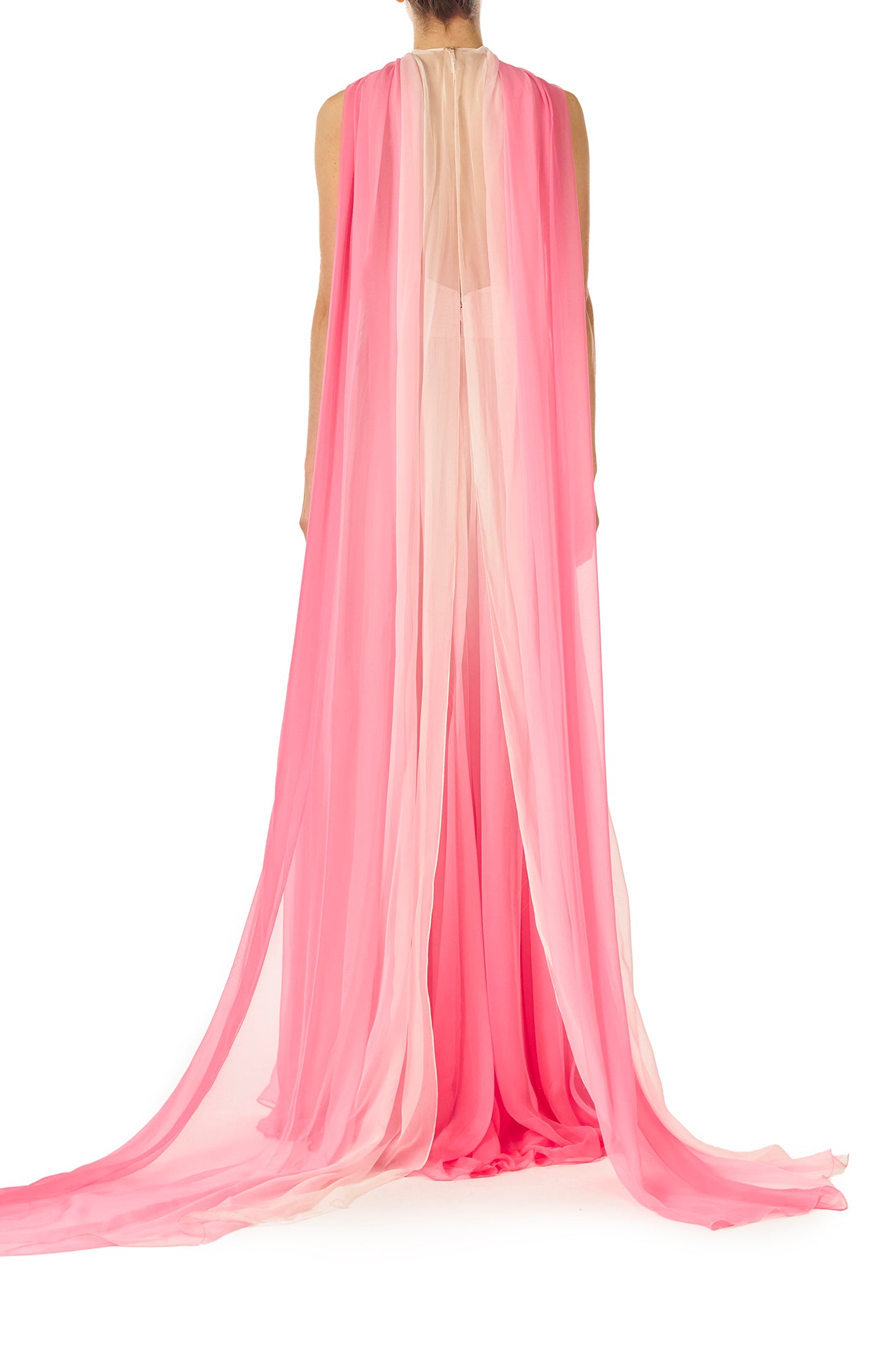 Monique Lhuillier Spring 2025 Hibiscu colored ombre chiffon gown with keyhole halter neckline and attached neck scarf - back.