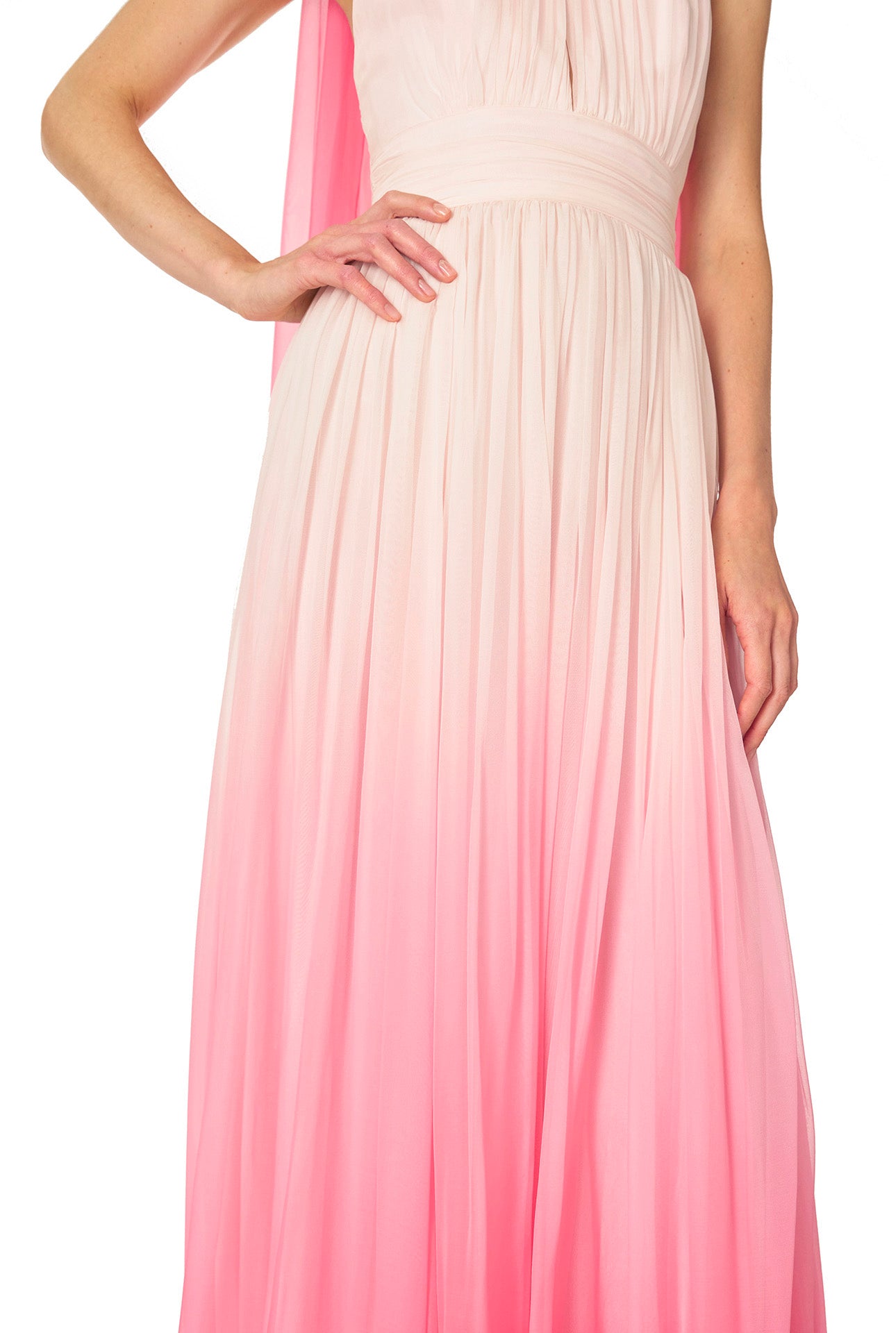 Monique Lhuillier Spring 2025 Hibiscu colored ombre chiffon gown with keyhole halter neckline and attached neck scarf - ombre skirt.
