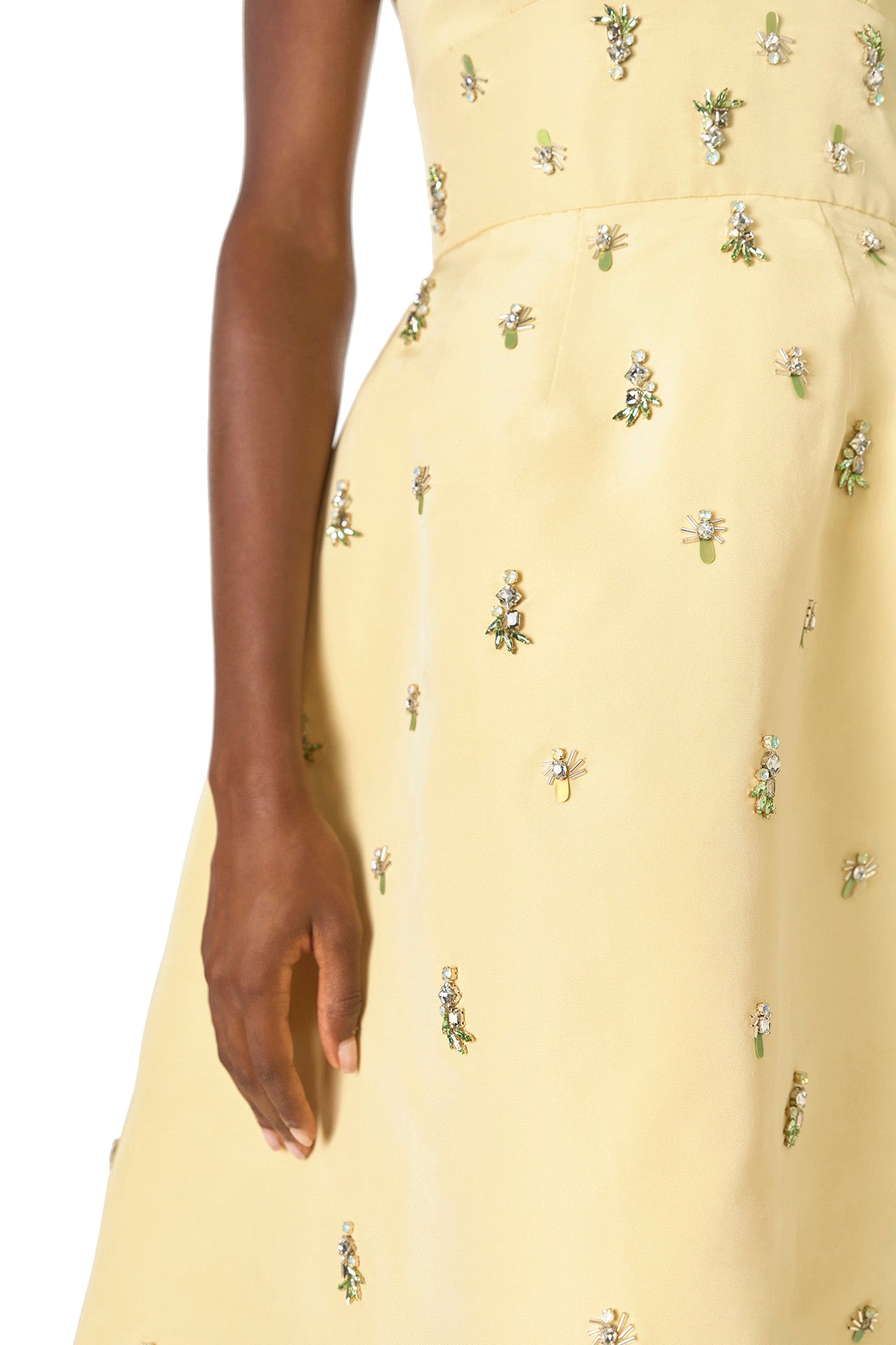 Monique Lhuillier Spring 2025 Embroidered cocktail dress with v-neckline and tea-length skirt  in Limoncello faille - embroidery detail.