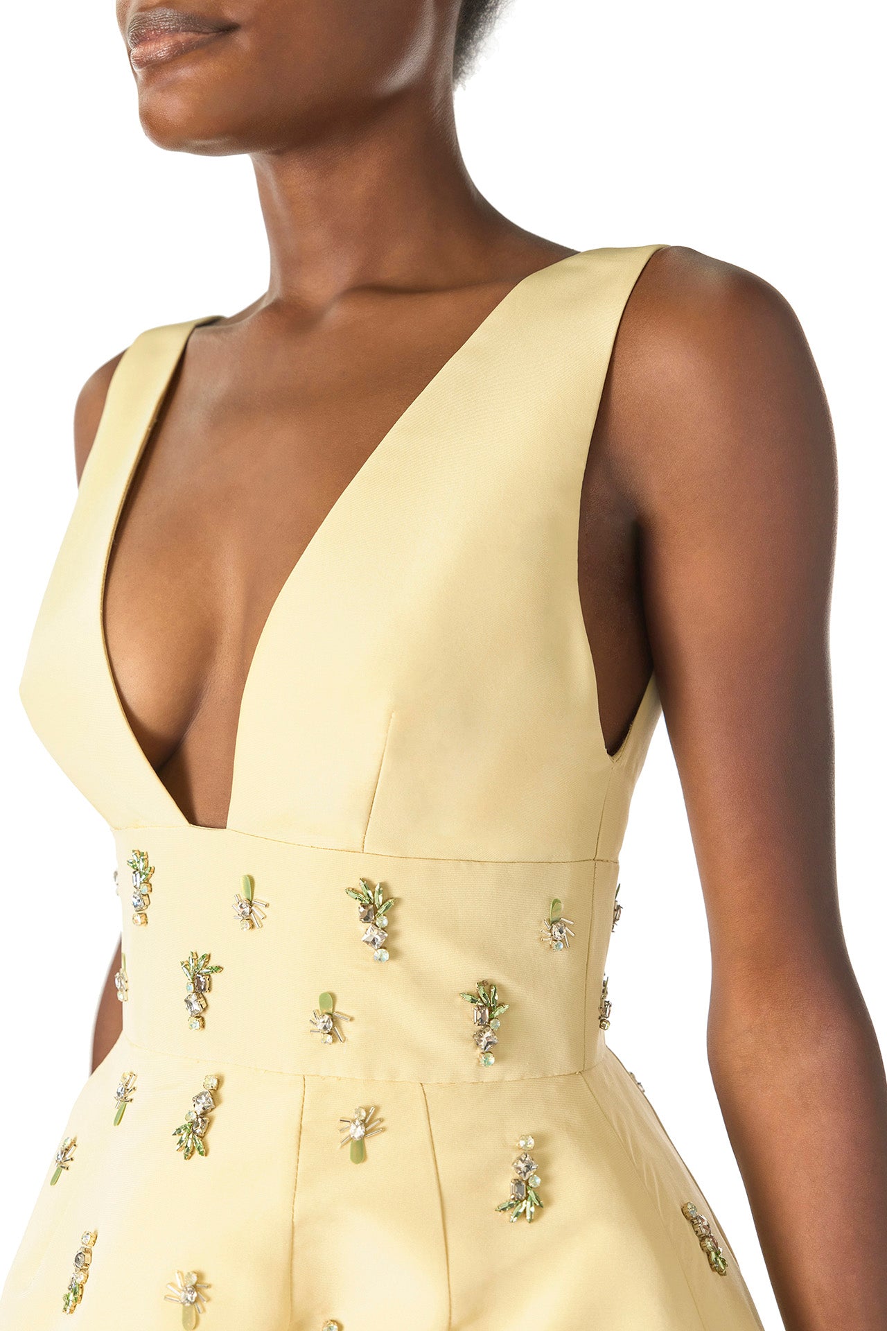 Monique Lhuillier Spring 2025 Embroidered cocktail dress with v-neckline and tea-length skirt  in Limoncello faille - neckline.